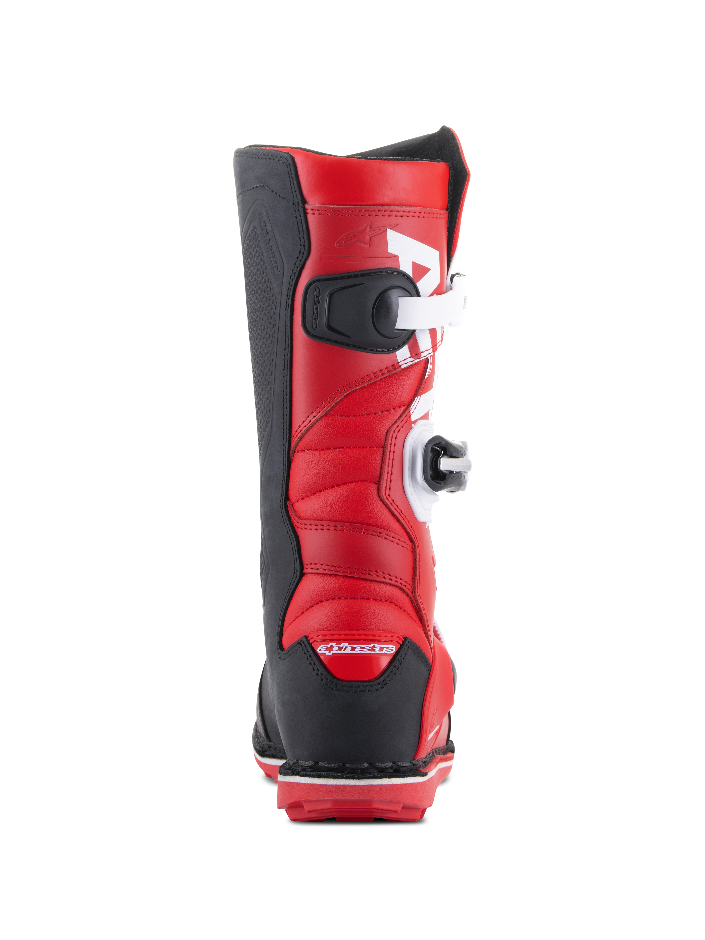 Botas Alpinestars Tech-T, botas de trial para motocicleta, rojo brillante, negro y blanco, vista trasera que muestra cierres de hebilla blancos, talón y paneles laterales negros, y parte superior de cuero rojo acolchado para conducción de trial todoterreno