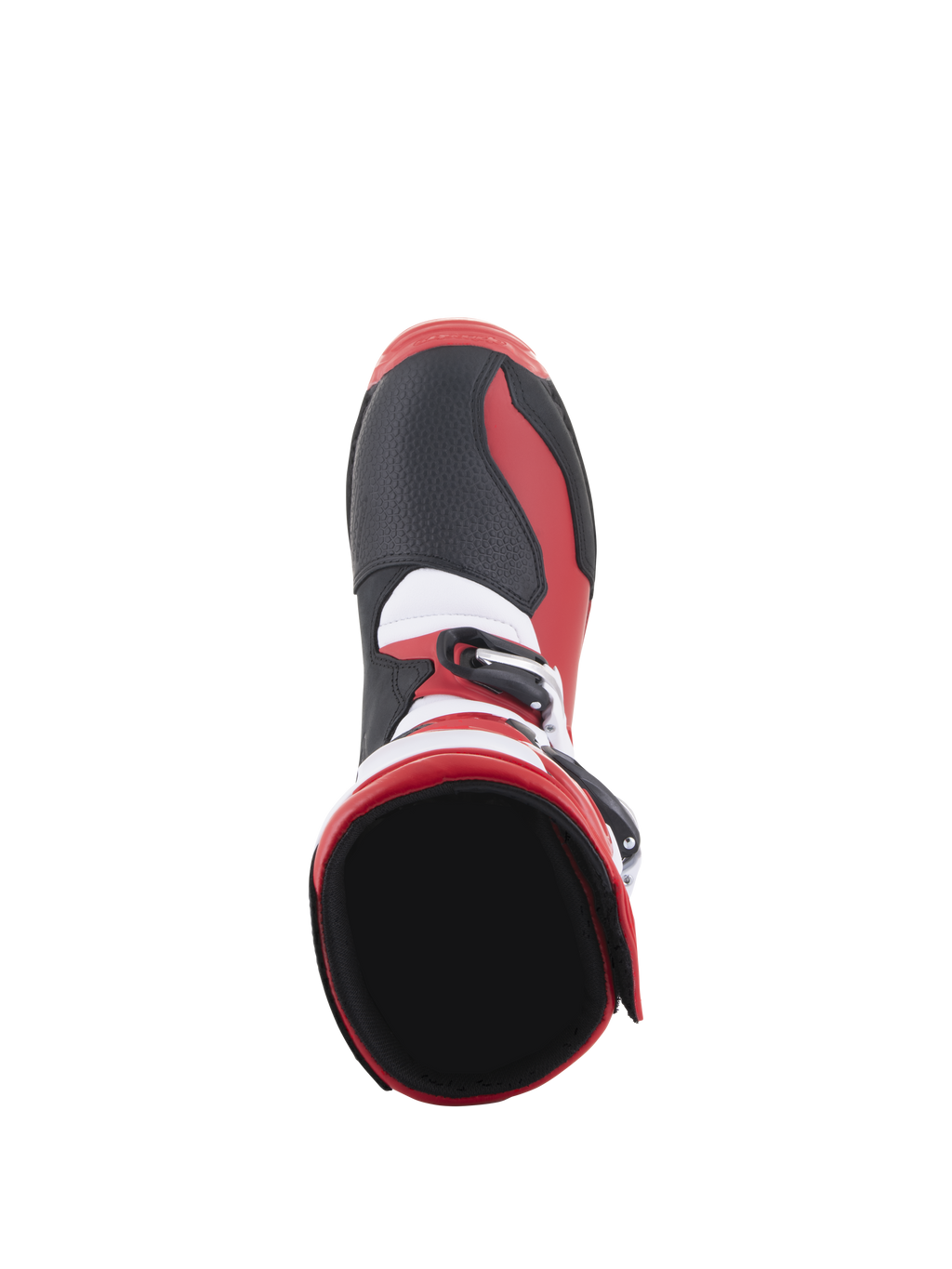 Botas Alpinestars Tech-T, botas de trial para motocicleta, rojo brillante, negro y blanco, vista desde arriba que muestra la apertura interior del tobillo y la zona de la puntera, con paneles negros texturizados y detalles rojos y blancos, diseñadas para un rendimiento todoterreno