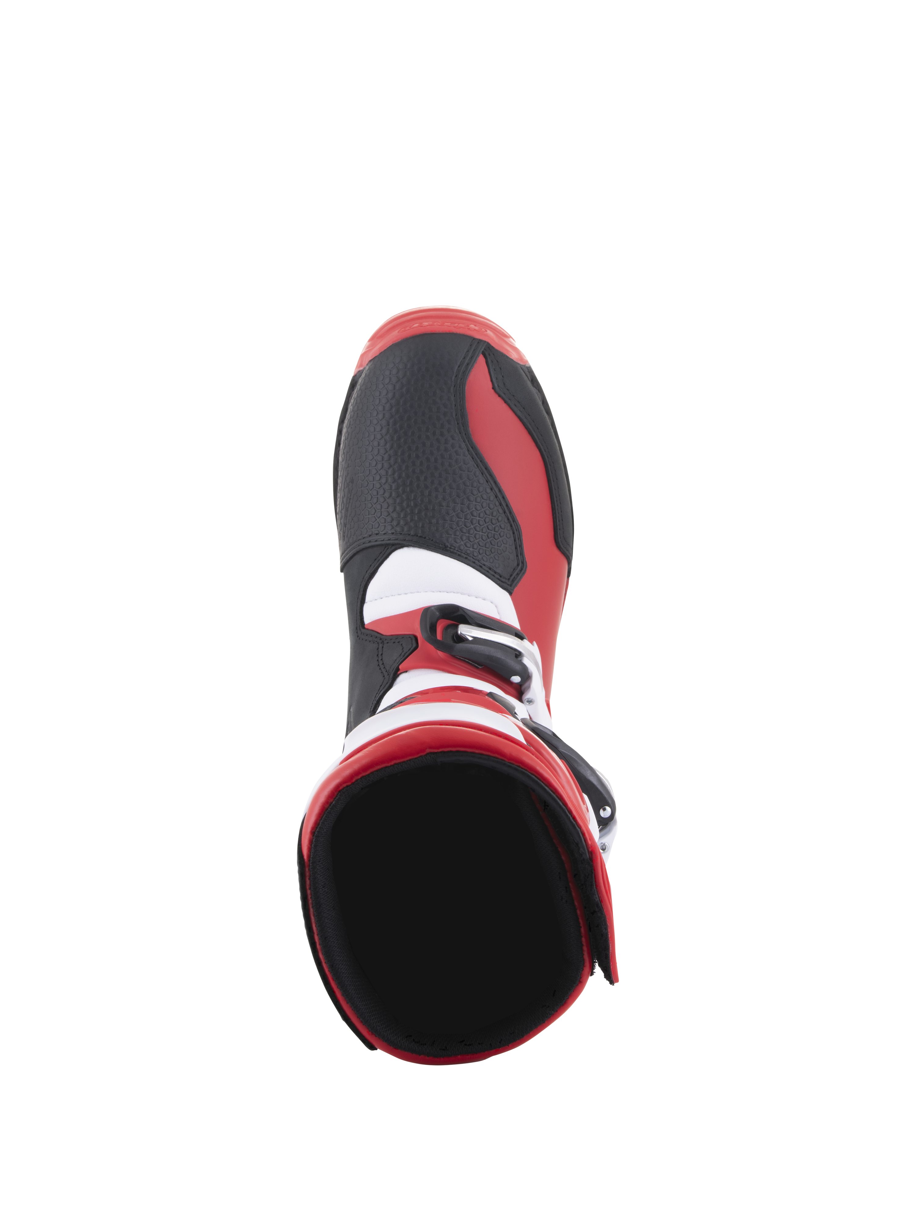Botas Alpinestars Tech-T, botas de trial para motocicleta, rojo brillante, negro y blanco, vista desde arriba que muestra la apertura interior del tobillo y la zona de la puntera, con paneles negros texturizados y detalles rojos y blancos, diseñadas para un rendimiento todoterreno