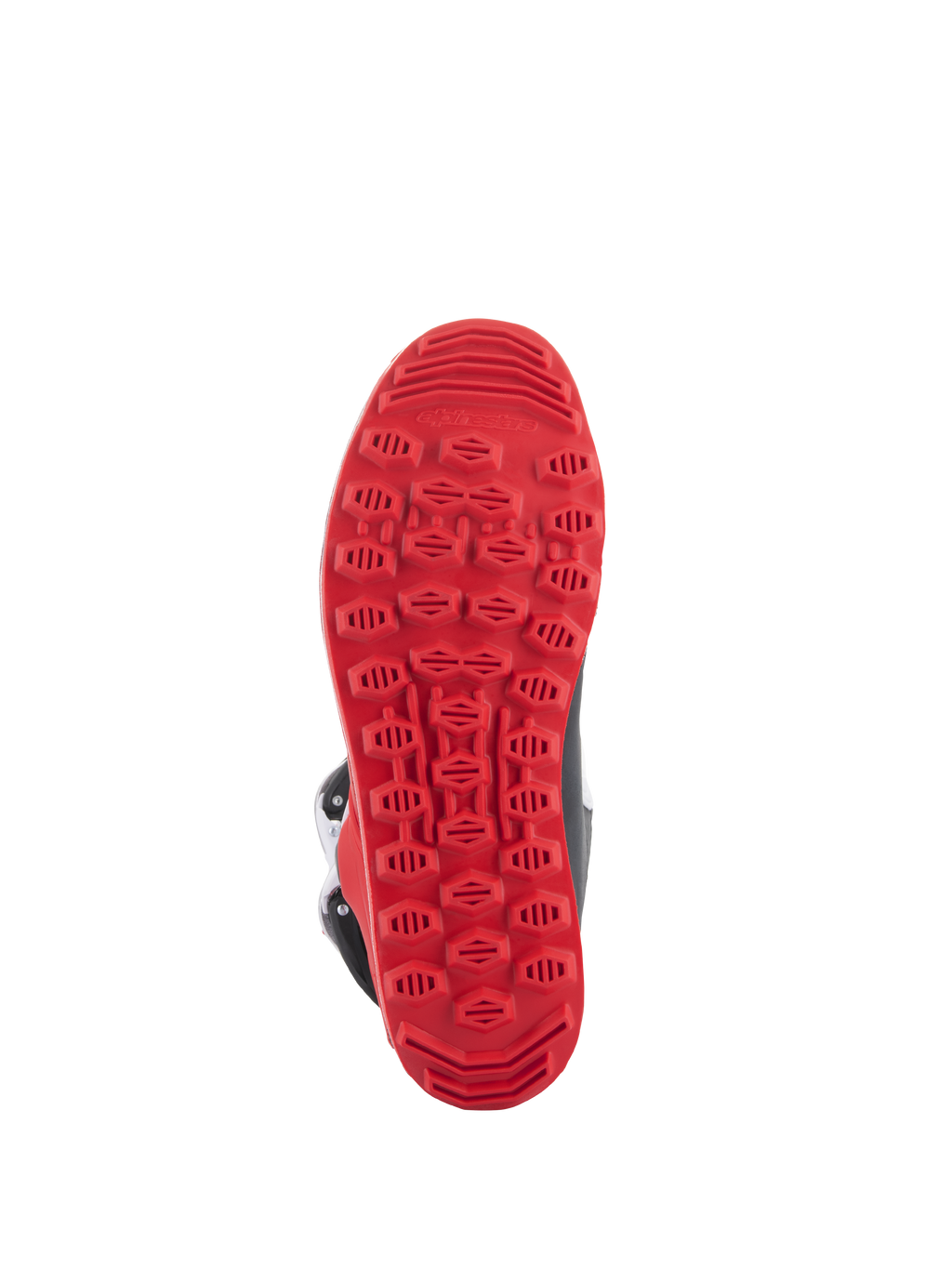 Alpinestars Tech-T Boots, rojo brillante, negro y blanco, suela de goma texturizada exclusiva de color rojo brillante diseñada para el agarre en trial y la sensibilidad con las estriberas