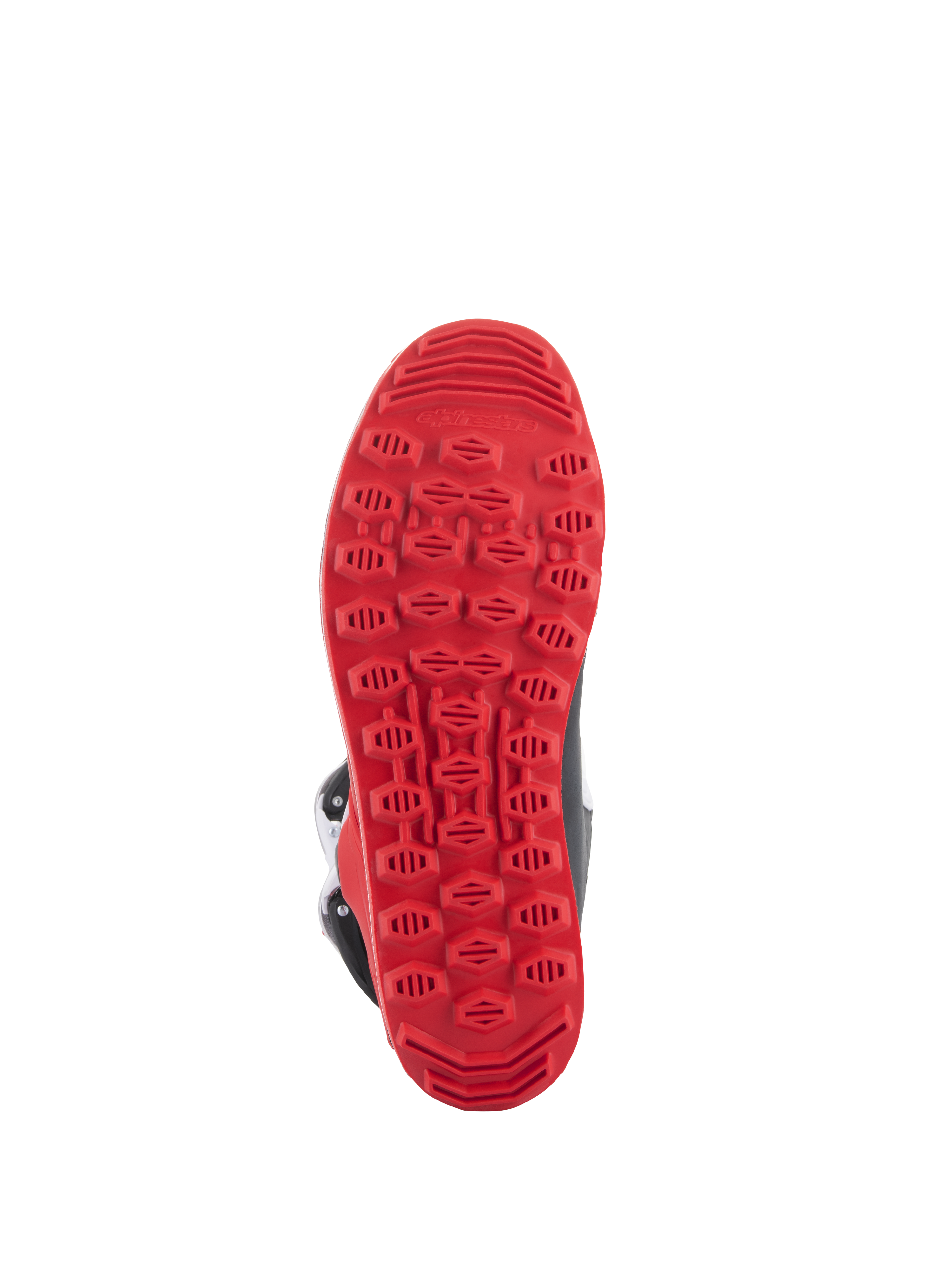 Alpinestars Tech-T Boots, rojo brillante, negro y blanco, suela de goma texturizada exclusiva de color rojo brillante diseñada para el agarre en trial y la sensibilidad con las estriberas