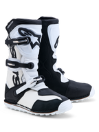 Alpinestars Tech-T Trials Boots, black and white leather motorcycle boots with triple buckle closure and TPU shinplates.