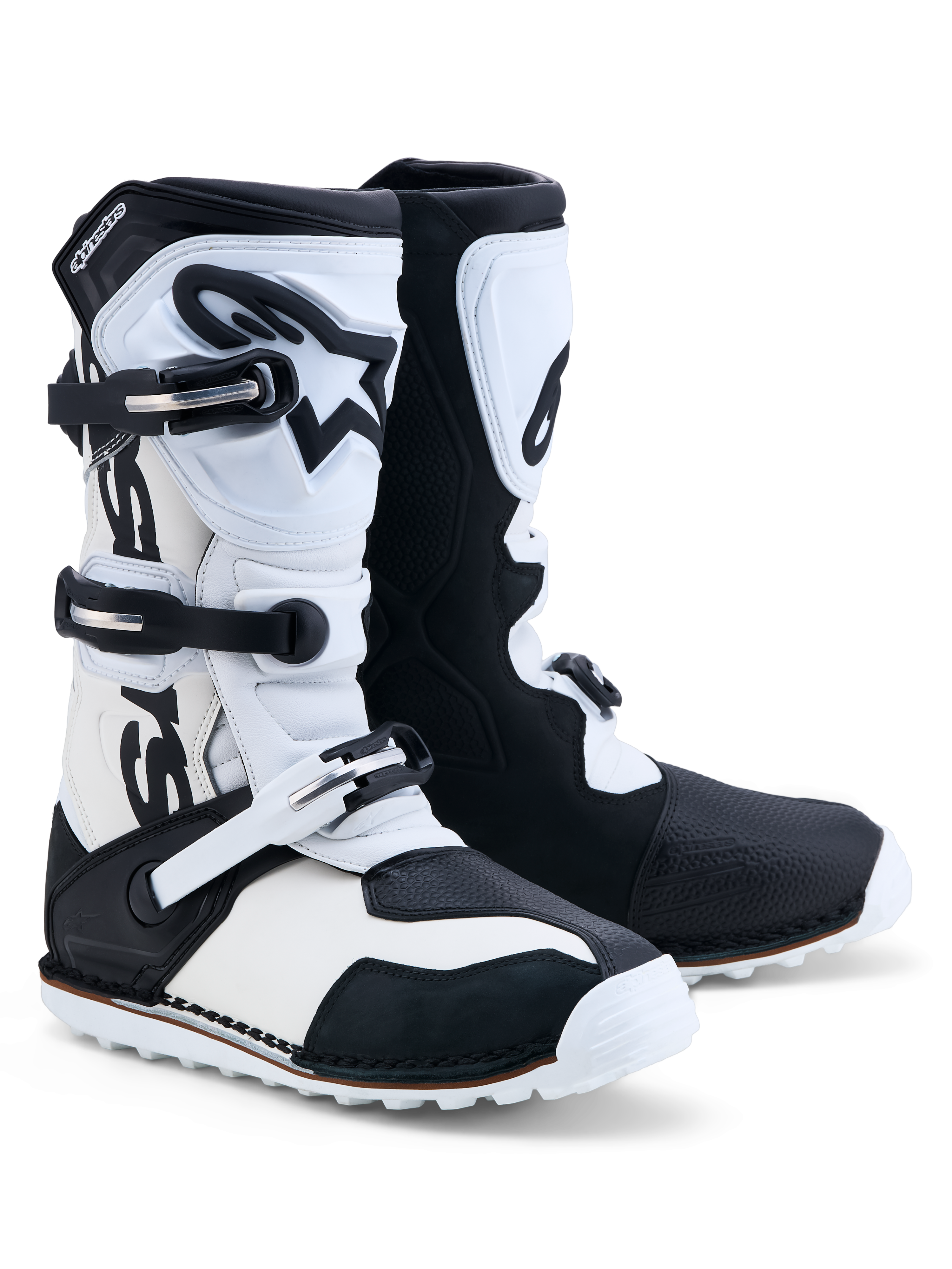 Alpinestars Tech-T Trials Boots, black and white leather motorcycle boots with triple buckle closure and TPU shinplates.