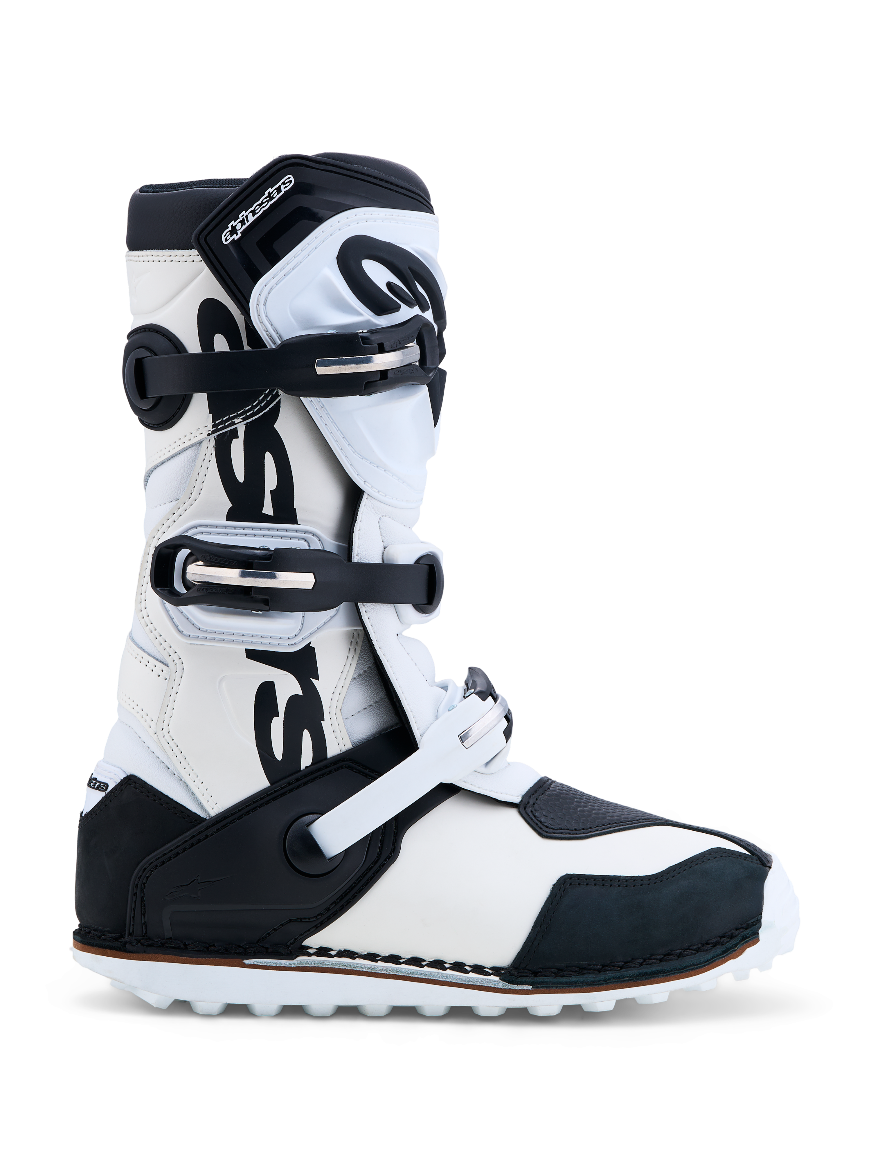 Alpinestars Tech-T Boots, Men's Trials Motorcycle Boots, Black and White, CE Certified Leather, Three-Buckle Closure.