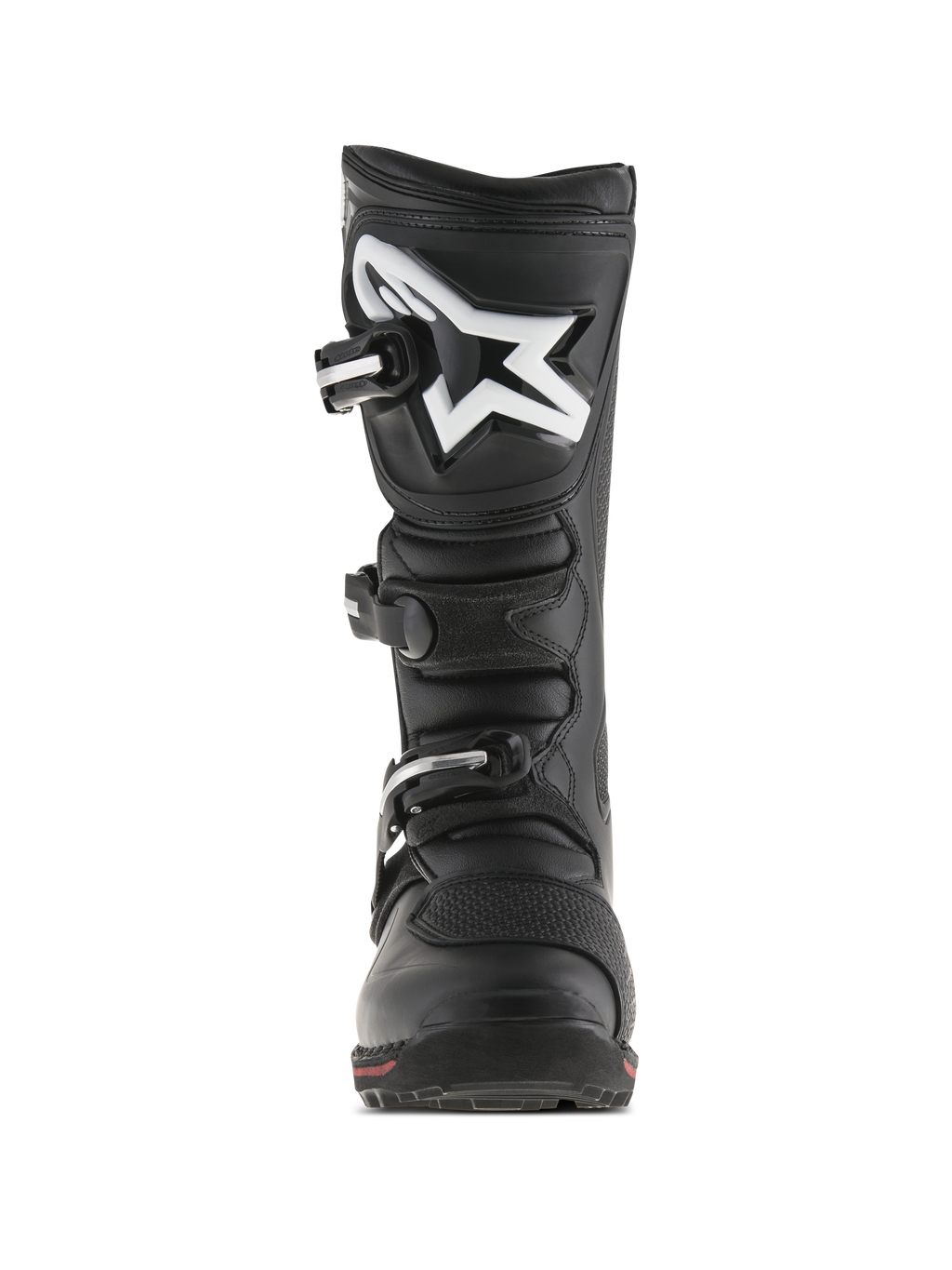 Botas Alpinestars Tech-T, botas de moto de trial, negro y rojo, vista frontal con espinillera ergonómica y logotipo Astar blanco, sistema de cierre de tres hebillas y construcción de cuero duradero con un detalle rojo en la suela.