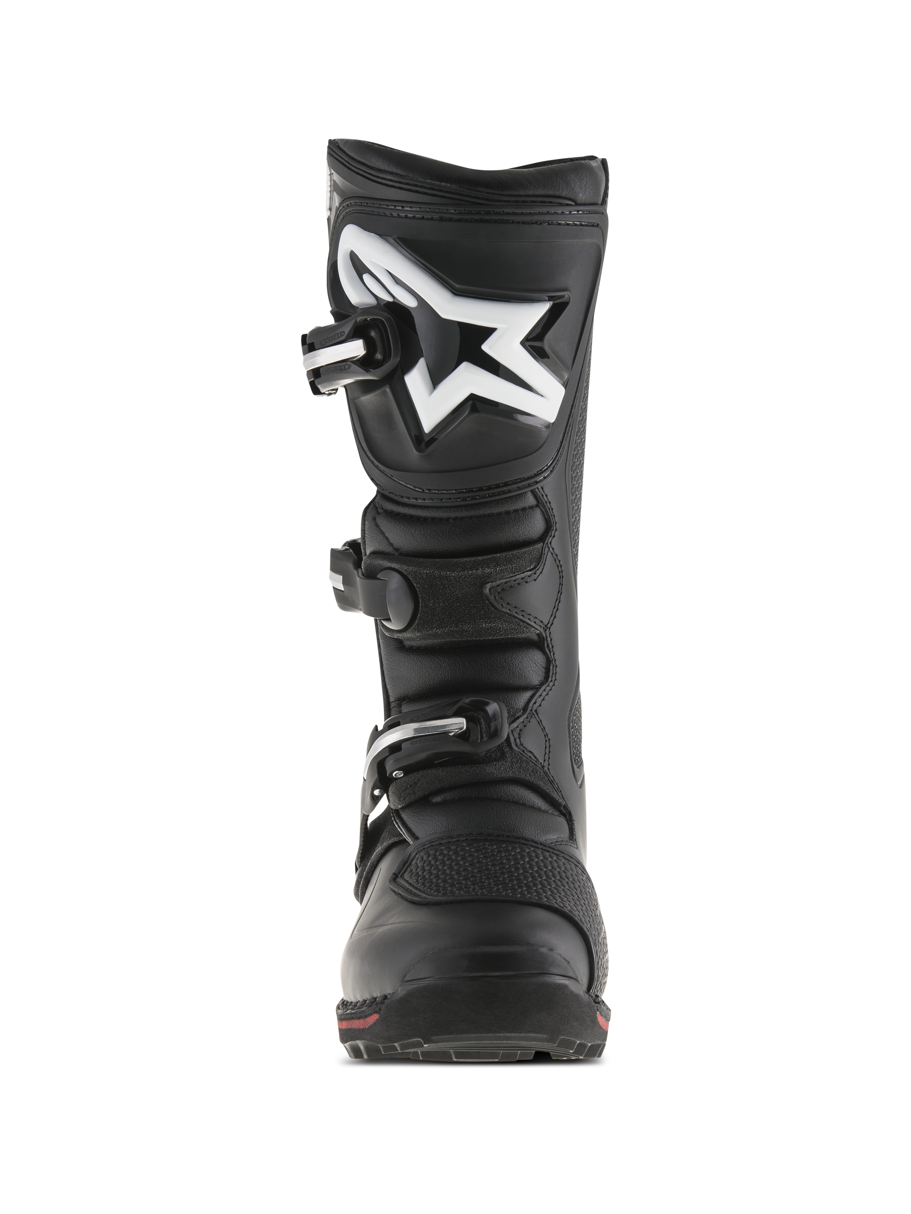 Botas Alpinestars Tech-T, botas de moto de trial, negro y rojo, vista frontal con espinillera ergonómica y logotipo Astar blanco, sistema de cierre de tres hebillas y construcción de cuero duradero con un detalle rojo en la suela.