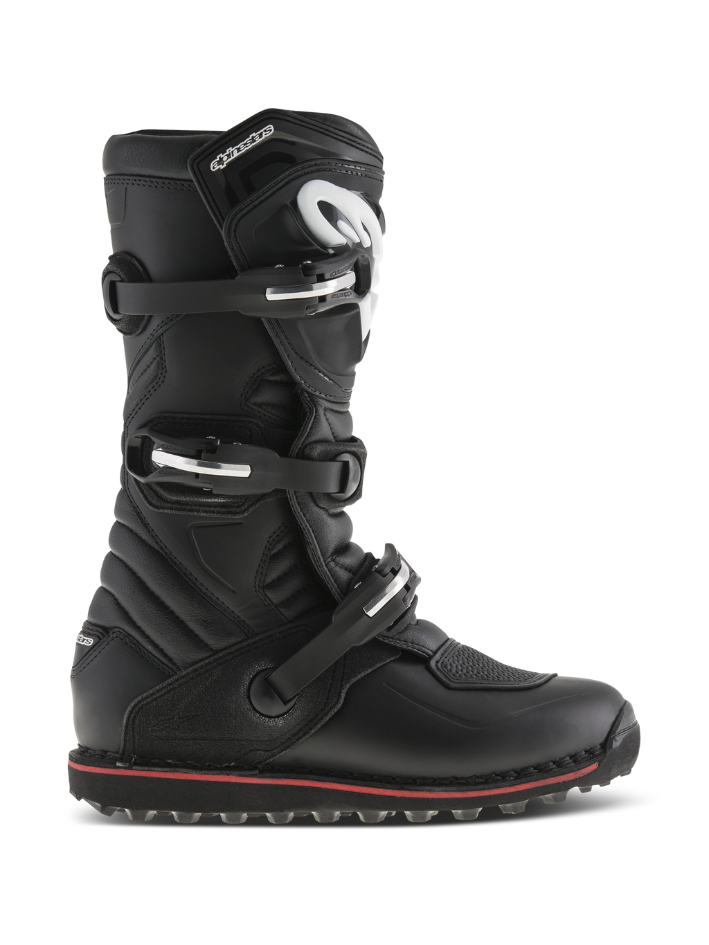 Botas Alpinestars Tech-T, botas de moto para trial y todoterreno, negras con detalles rojos, vista de perfil lateral con tres hebillas ajustables, logo blanco en la espinillera ergonómica, paneles de cuero texturizado y suela robusta de alto agarre para el control de la moto