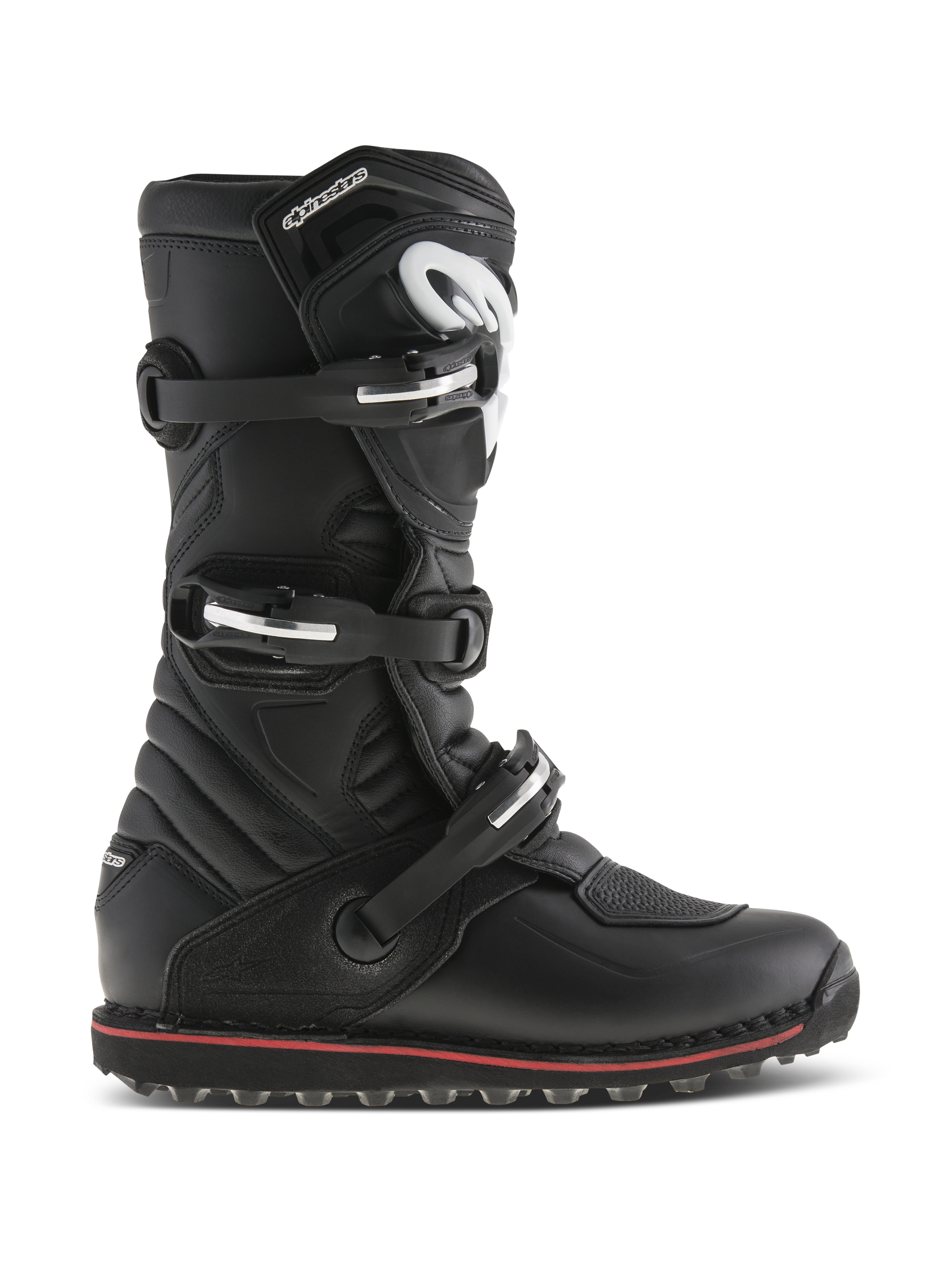 Botas Alpinestars Tech-T, botas de moto para trial y todoterreno, negras con detalles rojos, vista de perfil lateral con tres hebillas ajustables, logo blanco en la espinillera ergonómica, paneles de cuero texturizado y suela robusta de alto agarre para el control de la moto