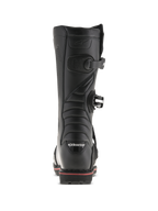 Botas Alpinestars Tech-T, botas de trial, negras y rojas, vista trasera que muestra el logotipo de Alpinestars en el talón, correas de hebilla y una línea de acento roja a lo largo de la suela, diseño de calzado técnico para off-road