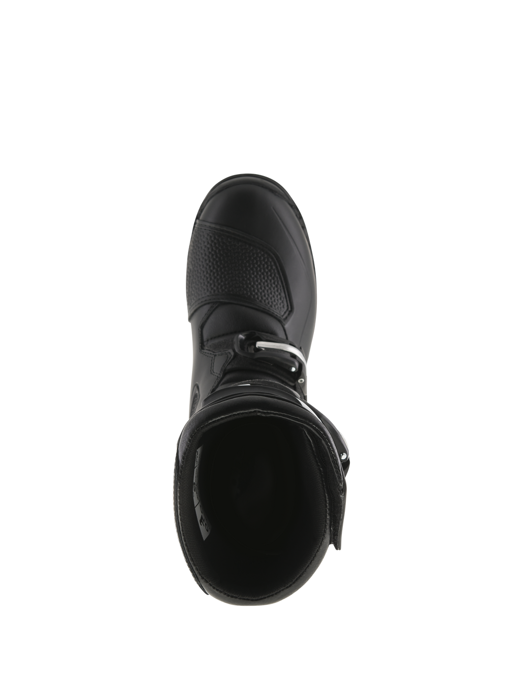 Botas Alpinestars Tech-T, botas de trial, negro, vista superior que muestra la apertura interior, almohadilla de cambio texturizada en la puntera y cierre de hebilla
