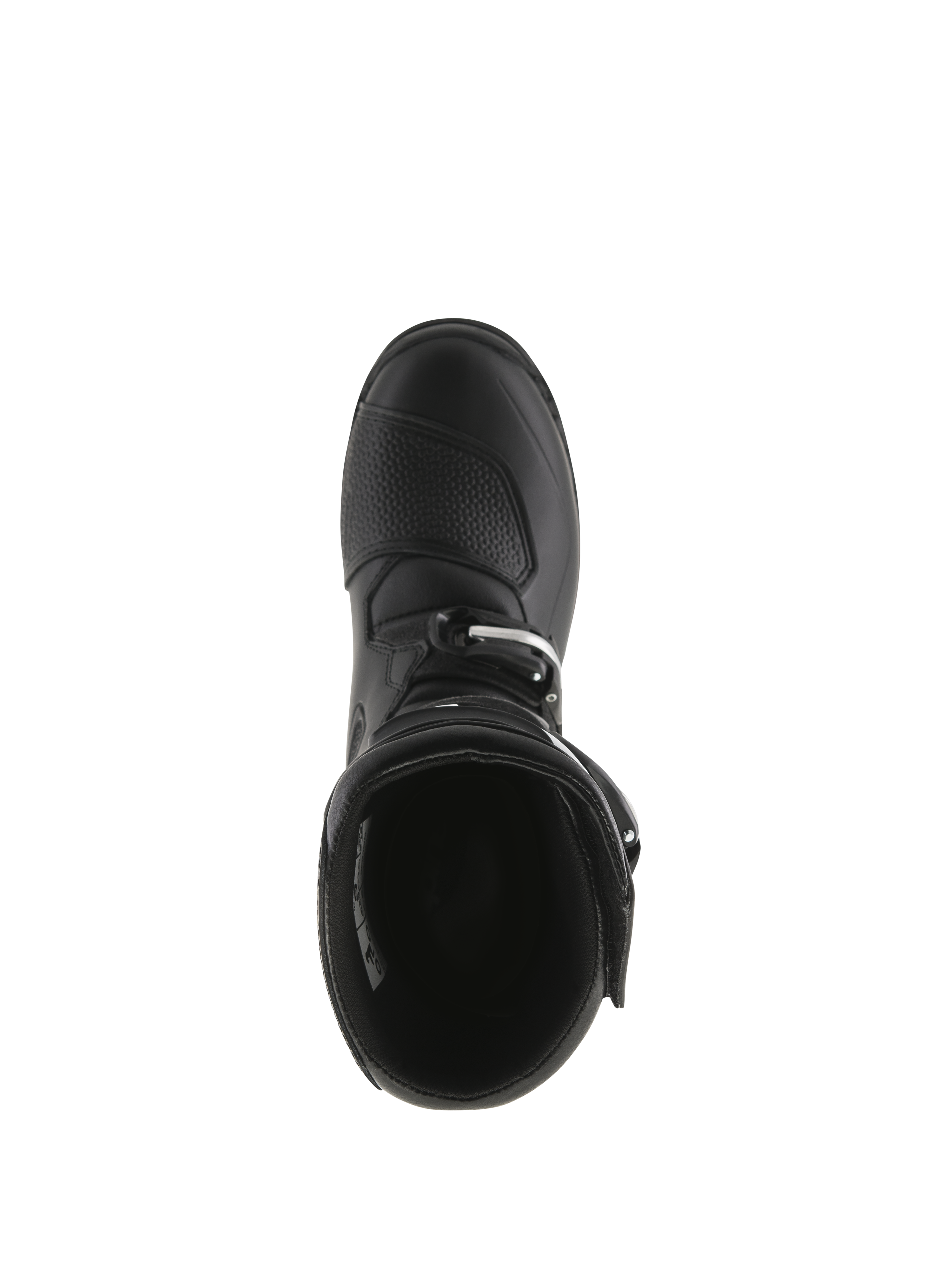 Botas Alpinestars Tech-T, botas de trial, negro, vista superior que muestra la apertura interior, almohadilla de cambio texturizada en la puntera y cierre de hebilla