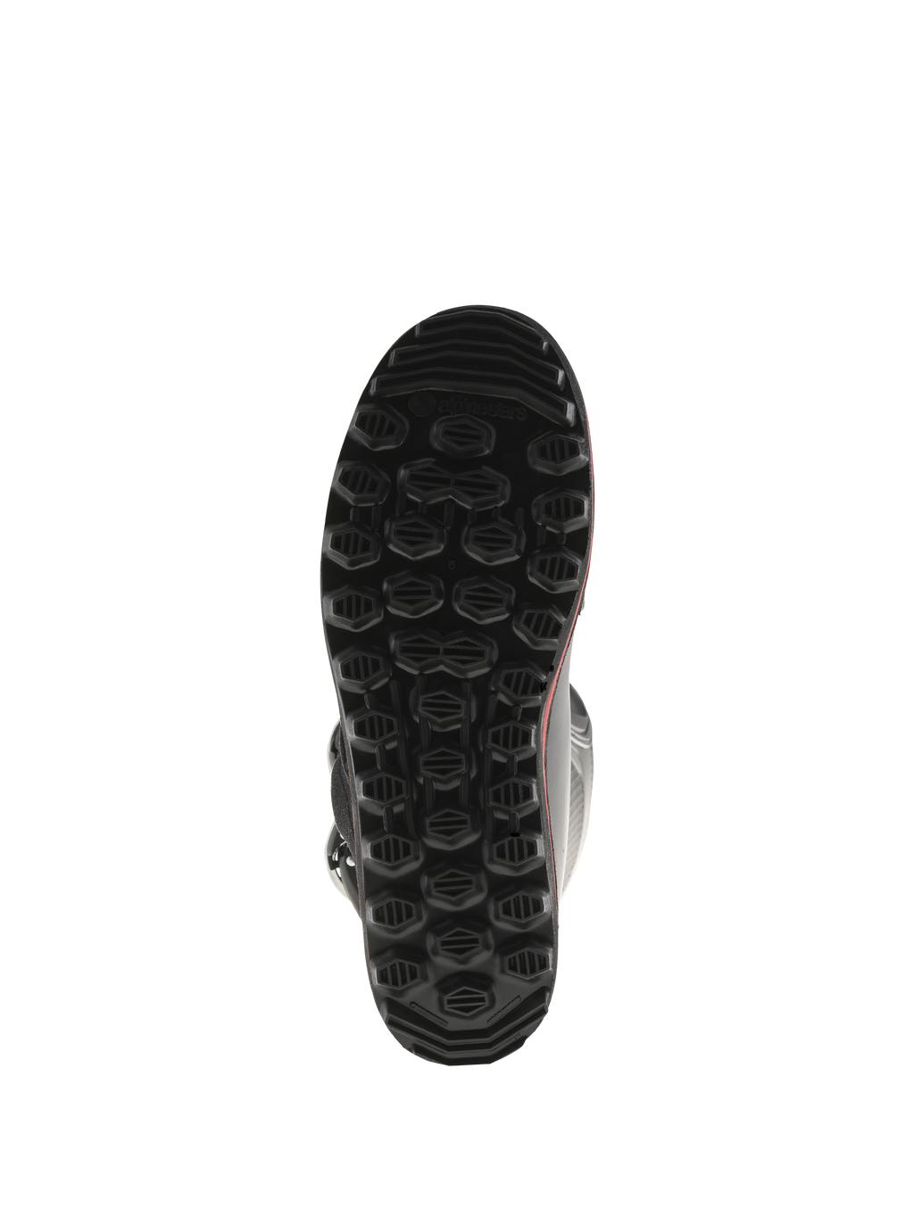 Botas Alpinestars Tech-T, vista inferior de la suela, color negro con detalles rojos, con patrón de tacos hexagonales texturizados, suela exclusiva de trial diseñada para máximo agarre y sensibilidad en los estribos