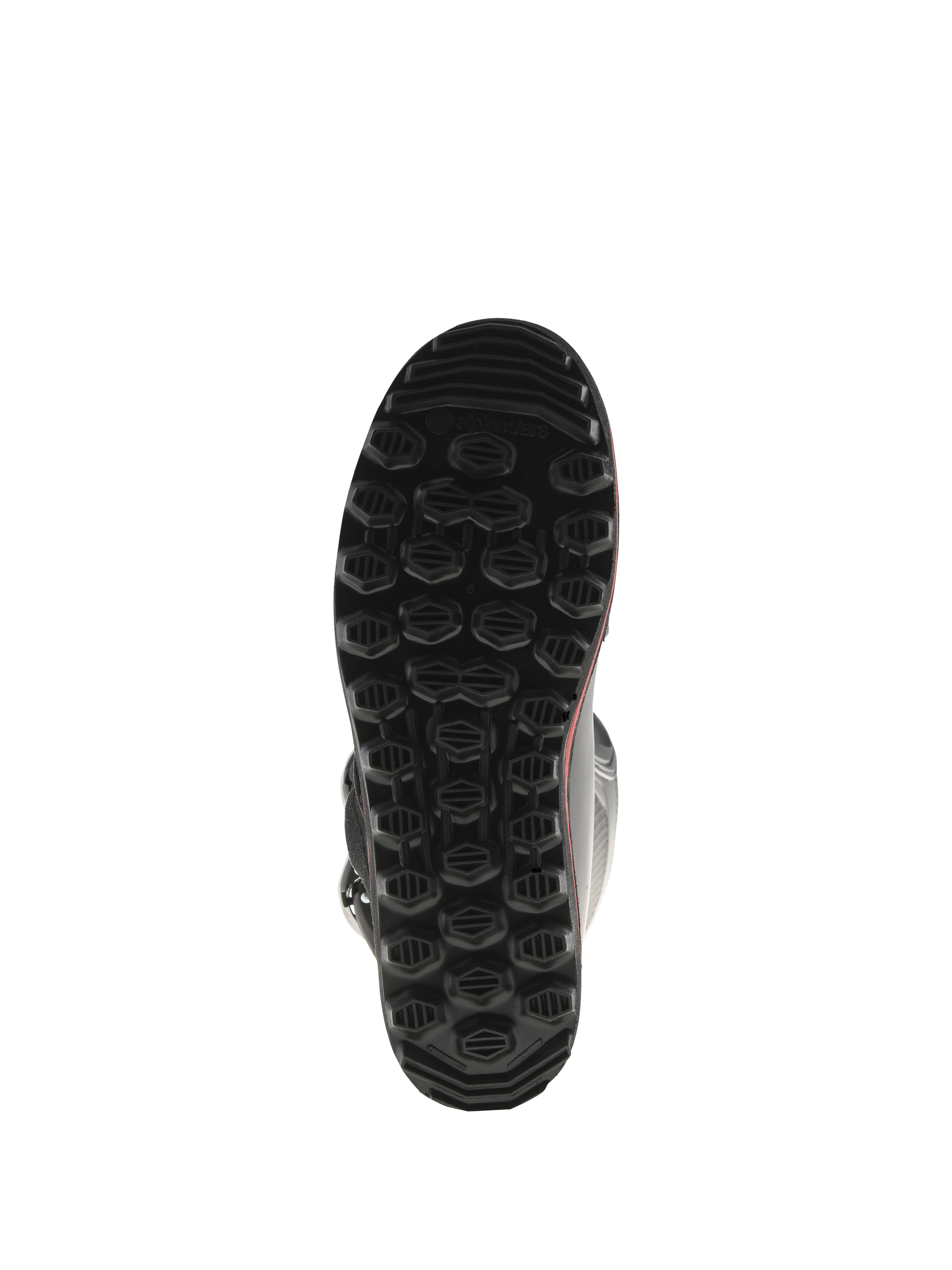 Botas Alpinestars Tech-T, vista inferior de la suela, color negro con detalles rojos, con patrón de tacos hexagonales texturizados, suela exclusiva de trial diseñada para máximo agarre y sensibilidad en los estribos