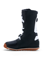 Alpinestars Tech-T Trials Boots in black and white leather, featuring a high-grip gum sole and CE certified protection.
