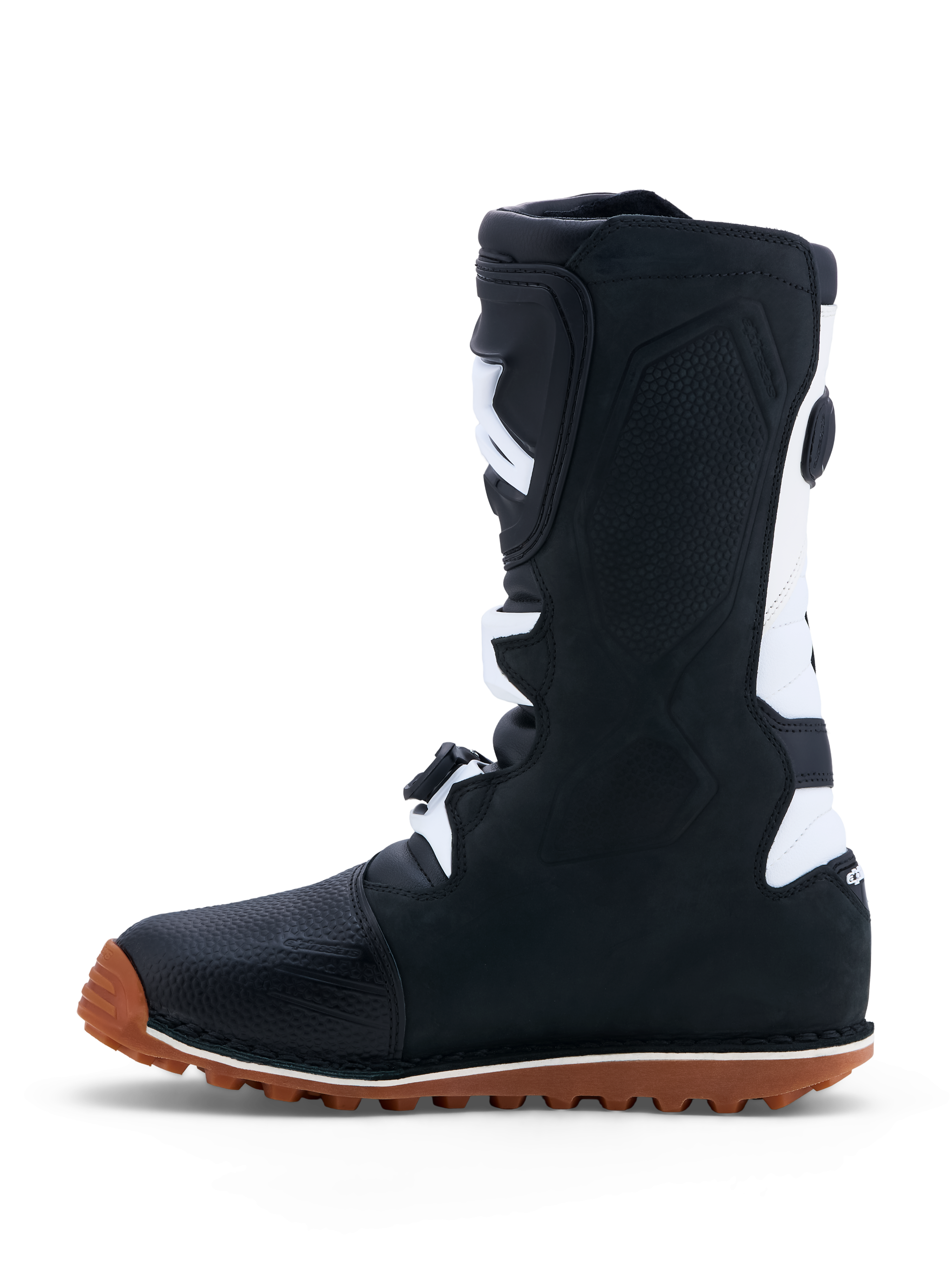 Alpinestars Tech-T Trials Boots in black and white leather, featuring a high-grip gum sole and CE certified protection.