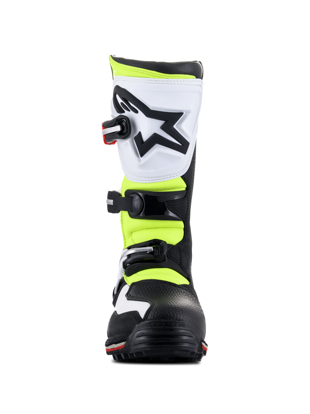 Botas Alpinestars Tech-T, calzado de trial, blanco, rojo, amarillo fluorescente y negro, vista frontal, con espinillera ergonómica blanca con logotipo de estrella negra, hebillas ajustables y paneles amarillos de alta visibilidad