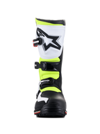 Botas Alpinestars Tech-T, calzado de trial, blanco, rojo, amarillo fluorescente y negro, vista frontal, con espinillera ergonómica blanca con logotipo de estrella negra, hebillas ajustables y paneles amarillos de alta visibilidad