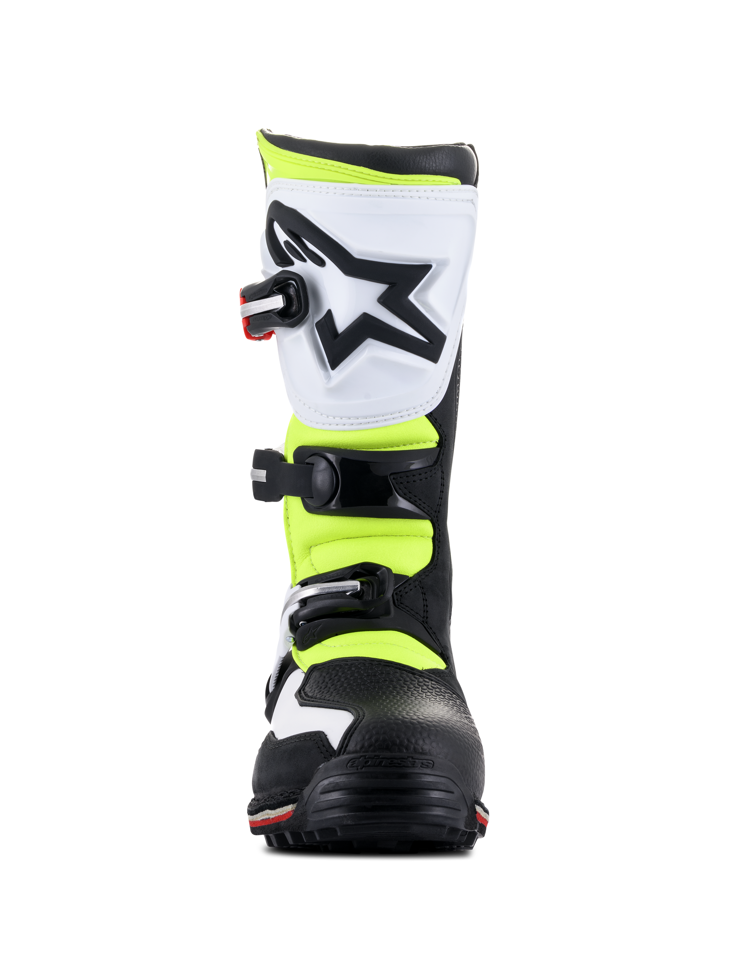 Botas Alpinestars Tech-T, calzado de trial, blanco, rojo, amarillo fluorescente y negro, vista frontal, con espinillera ergonómica blanca con logotipo de estrella negra, hebillas ajustables y paneles amarillos de alta visibilidad