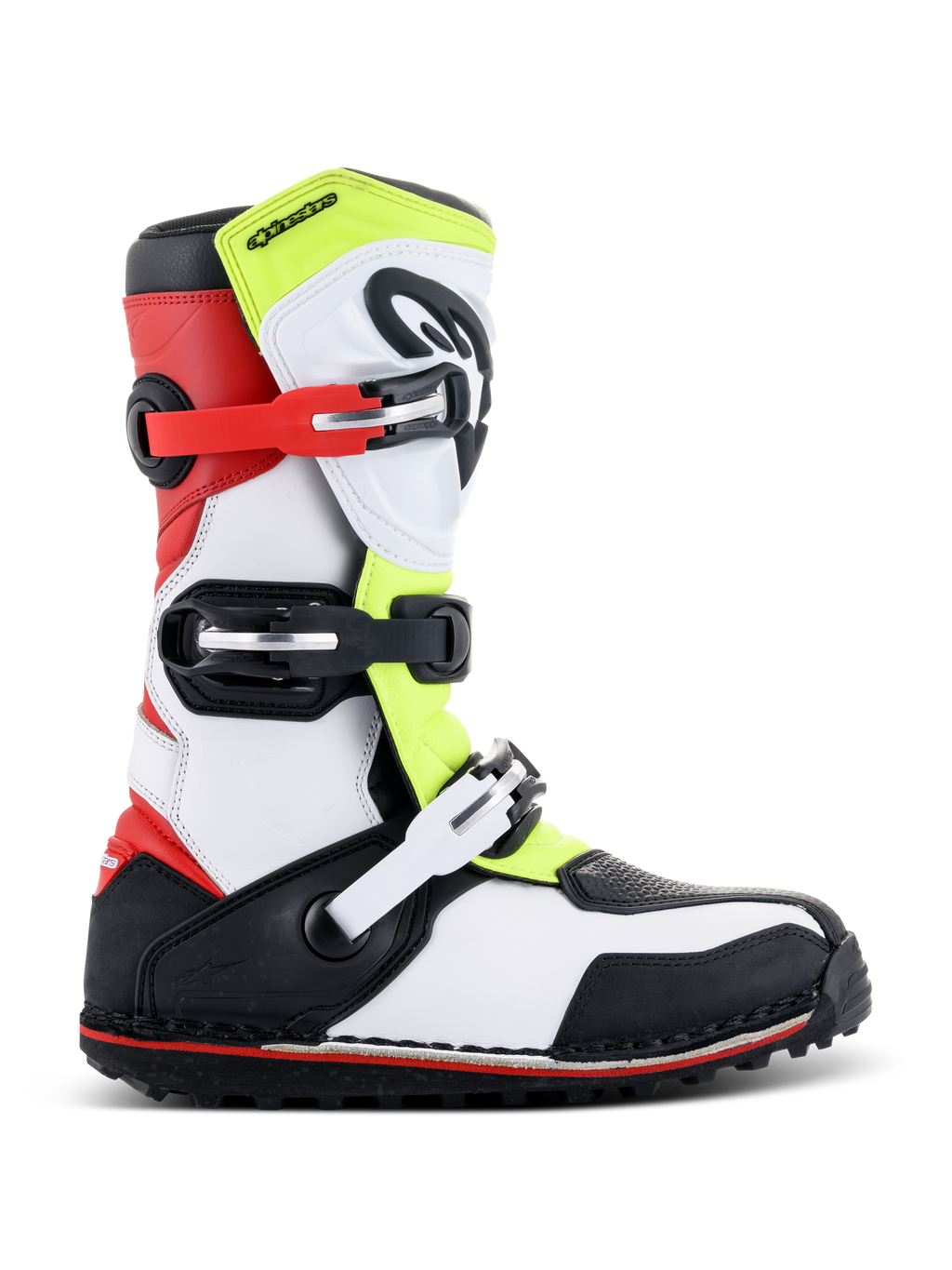 Botas Alpinestars Tech-T, botas de trial para moto, blanco, rojo, amarillo fluorescente y negro, con tres correas de hebilla ajustables, espinillera ergonómica, suela negra robusta con detalles rojos, diseñadas para la práctica de trial off-road