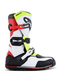 Botas Alpinestars Tech-T, botas de trial para moto, blanco, rojo, amarillo fluorescente y negro, con tres correas de hebilla ajustables, espinillera ergonómica, suela negra robusta con detalles rojos, diseñadas para la práctica de trial off-road