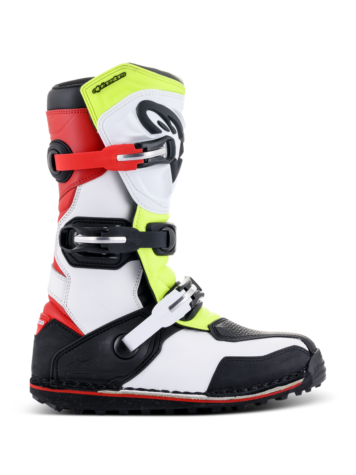 Botas Alpinestars Tech-T, botas de trial para moto, blanco, rojo, amarillo fluorescente y negro, con tres correas de hebilla ajustables, espinillera ergonómica, suela negra robusta con detalles rojos, diseñadas para la práctica de trial off-road