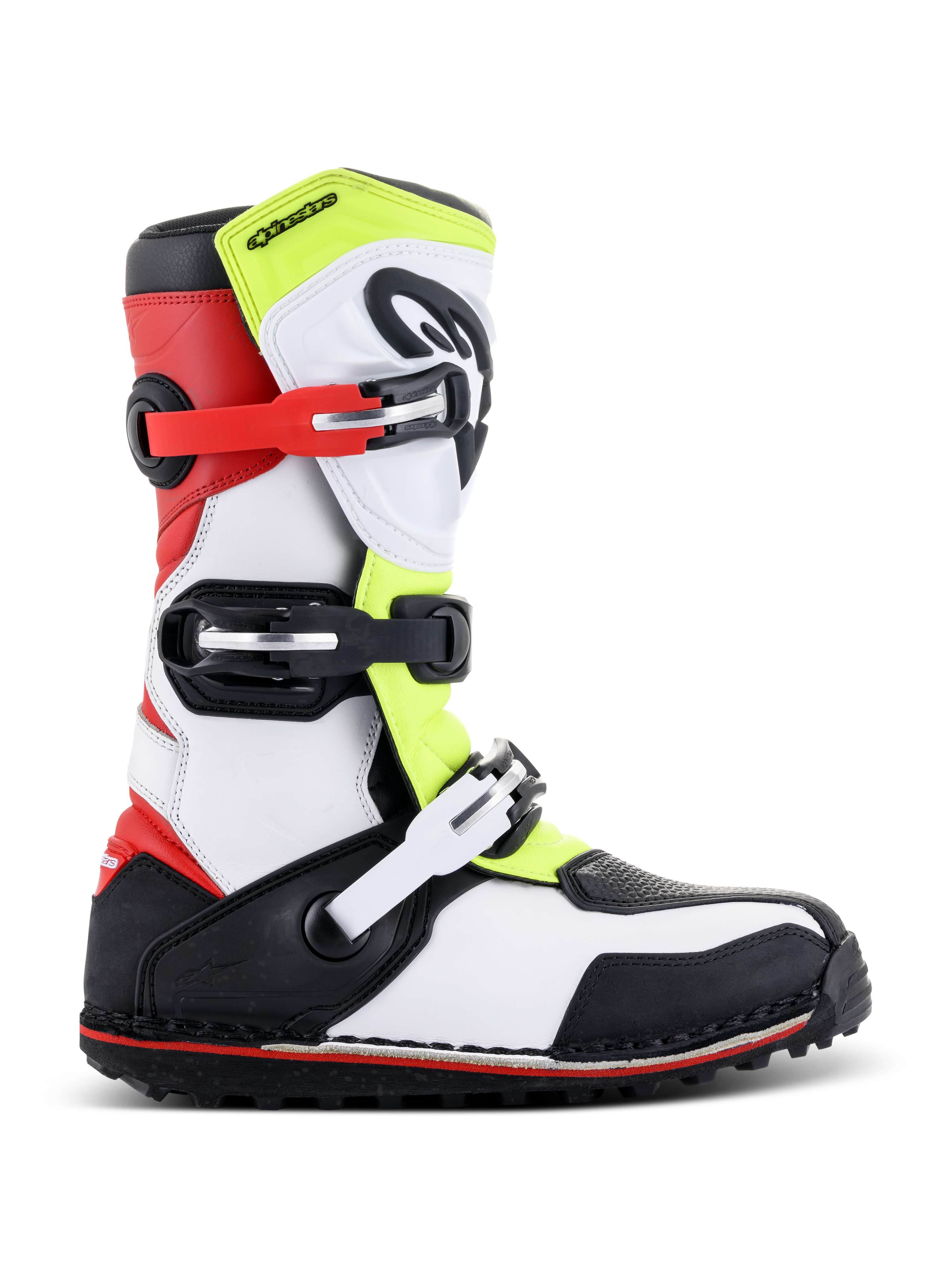 Botas Alpinestars Tech-T, botas de trial para moto, blanco, rojo, amarillo fluorescente y negro, con tres correas de hebilla ajustables, espinillera ergonómica, suela negra robusta con detalles rojos, diseñadas para la práctica de trial off-road
