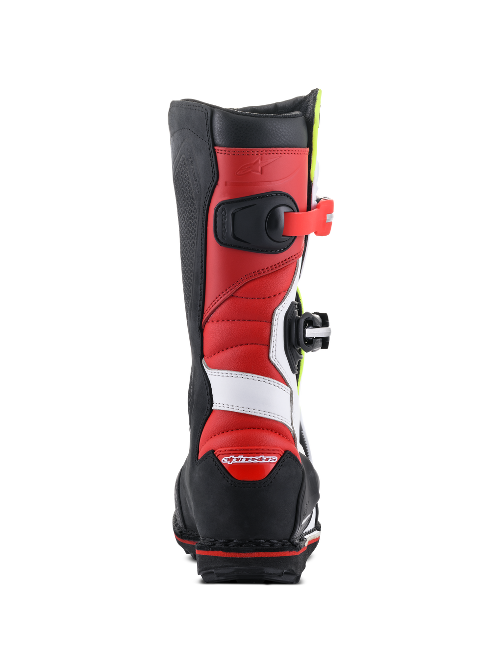 Botas Alpinestars Tech-T, botas de trial, blanco, rojo, amarillo flúor y negro, vista trasera que muestra la confección en cuero rojo con detalles blancos, protector de talón negro con logotipo rojo y suela negra robusta para tracción off-road.