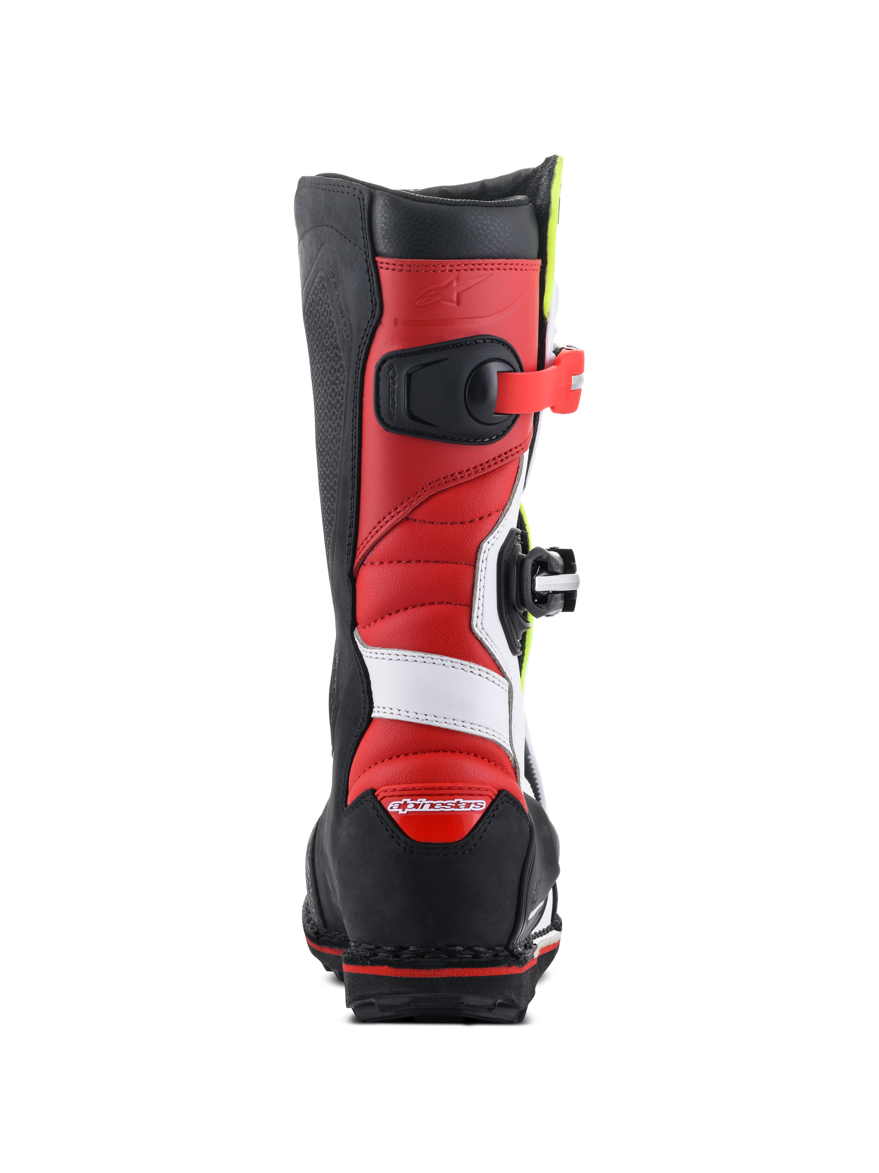 Botas Alpinestars Tech-T, botas de trial, blanco, rojo, amarillo flúor y negro, vista trasera que muestra la confección en cuero rojo con detalles blancos, protector de talón negro con logotipo rojo y suela negra robusta para tracción off-road.