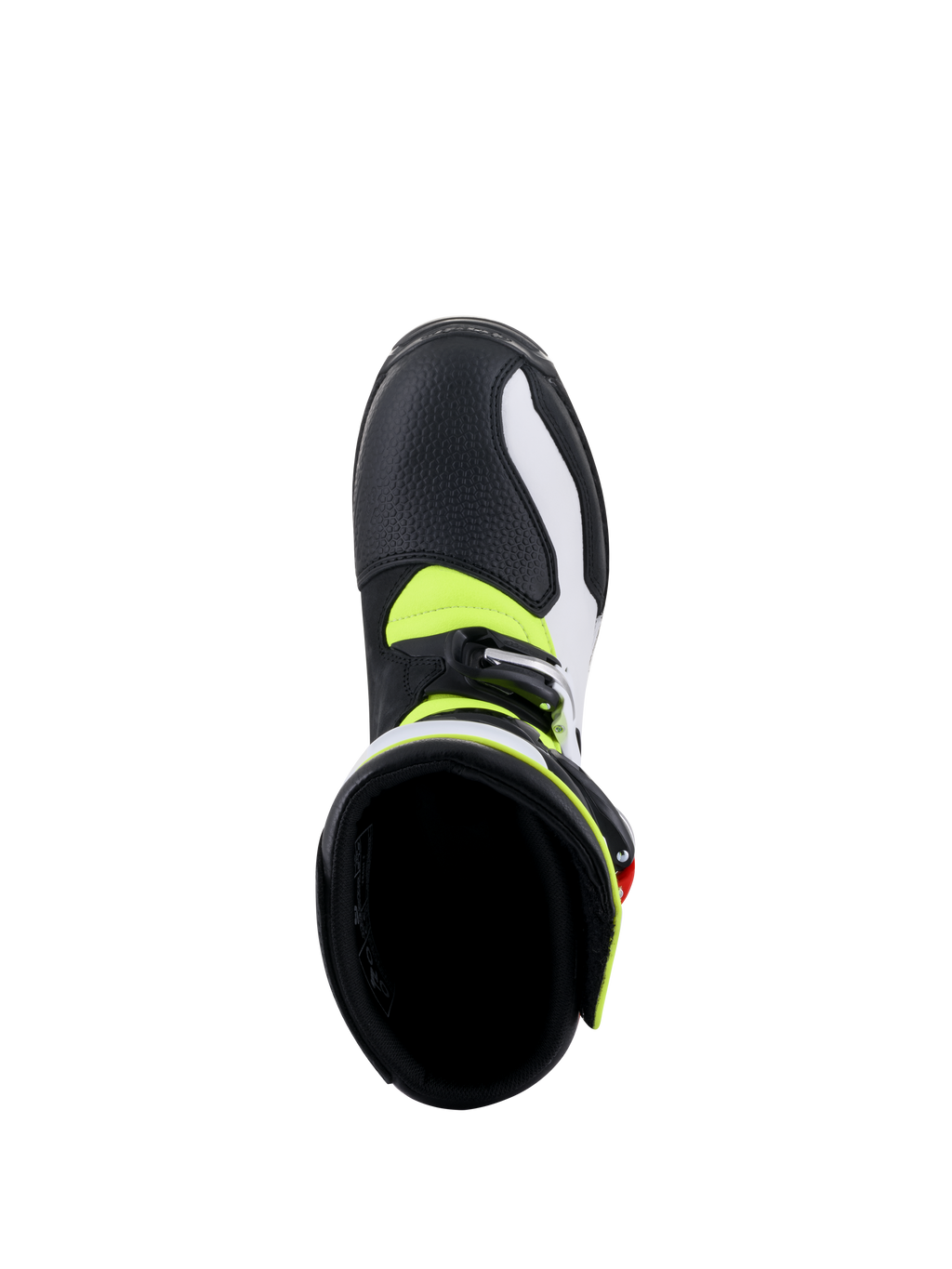 Botas Alpinestars Tech-T, botas de trial para motocicleta, blancas, rojas, amarillo fluorescente y negras, vista desde arriba del interior de la bota, mostrando el forro acolchado negro, detalles en amarillo flúor y cierre de hebilla plateada