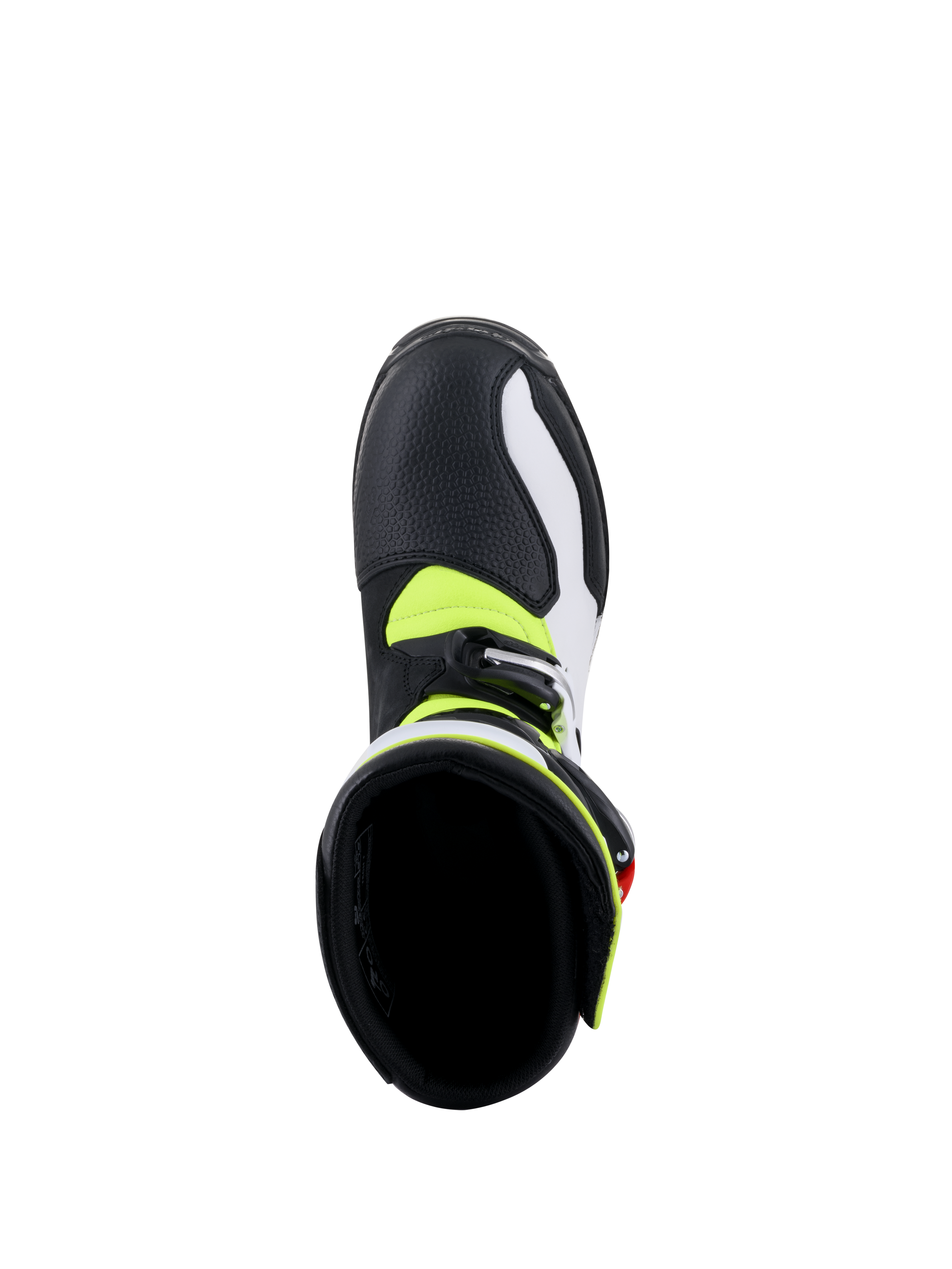 Botas Alpinestars Tech-T, botas de trial para motocicleta, blancas, rojas, amarillo fluorescente y negras, vista desde arriba del interior de la bota, mostrando el forro acolchado negro, detalles en amarillo flúor y cierre de hebilla plateada
