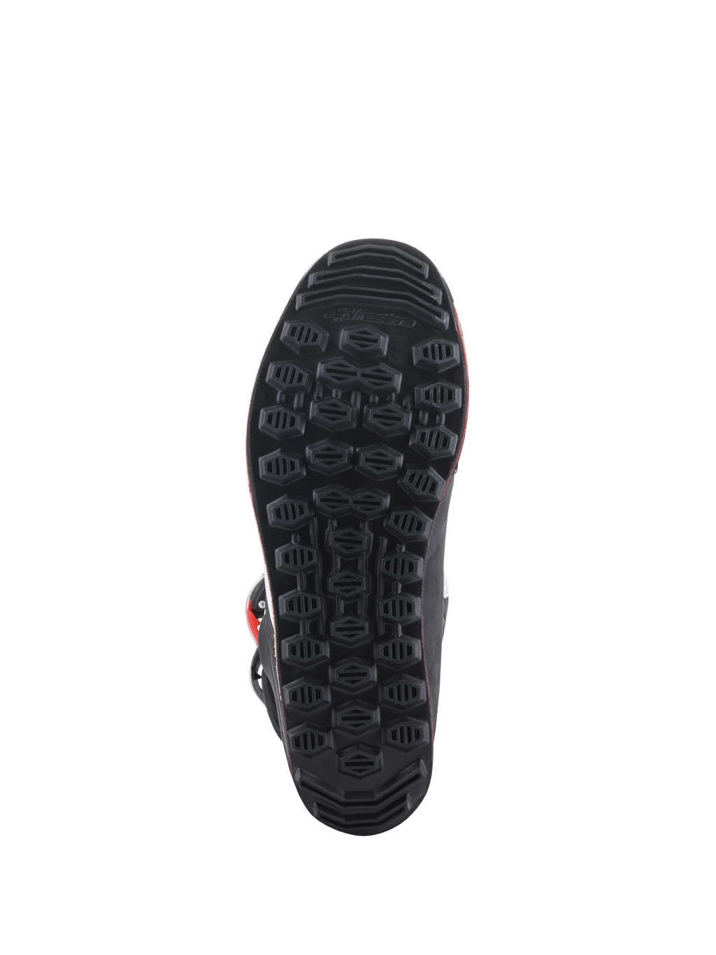Botas Alpinestars Tech-T, vista de la suela, suela de goma negra con patrón de agarre hexagonal texturizado, diseñada para sensibilidad en el trial y control de los estribos.