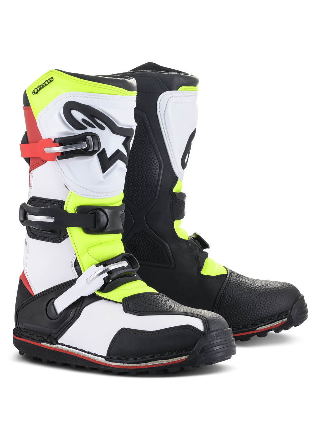 Botas Alpinestars Tech-T, calzado de trial para moto, blanco, rojo, amarillo flúor y negro, con espinillera ergonómica con el logo de la estrella, cierres de hebilla seguros y suela especializada para conducción técnica fuera de carretera