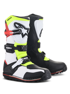 Botas Alpinestars Tech-T, calzado de trial para moto, blanco, rojo, amarillo flúor y negro, con espinillera ergonómica con el logo de la estrella, cierres de hebilla seguros y suela especializada para conducción técnica fuera de carretera