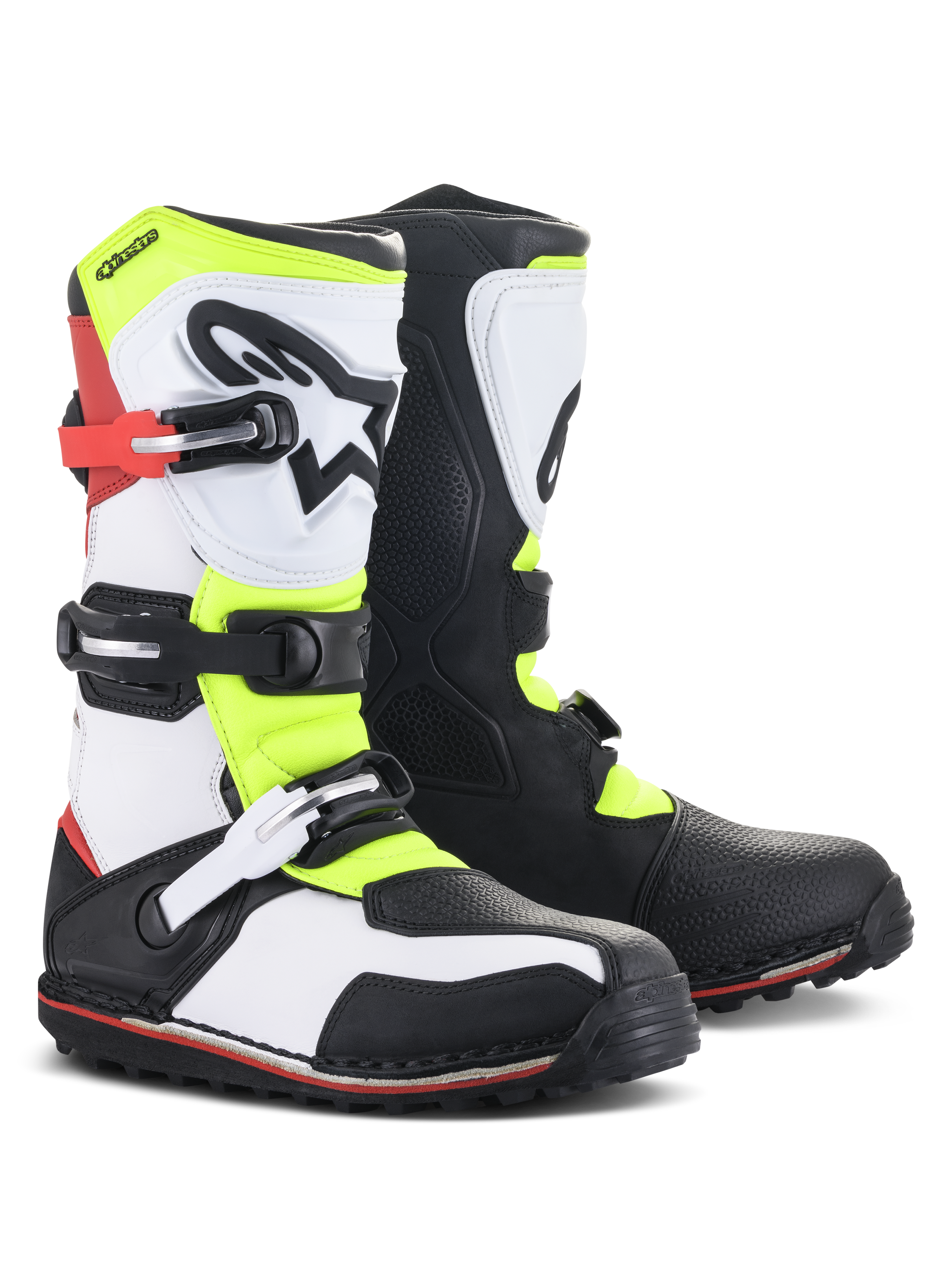 Botas Alpinestars Tech-T, calzado de trial para moto, blanco, rojo, amarillo flúor y negro, con espinillera ergonómica con el logo de la estrella, cierres de hebilla seguros y suela especializada para conducción técnica fuera de carretera