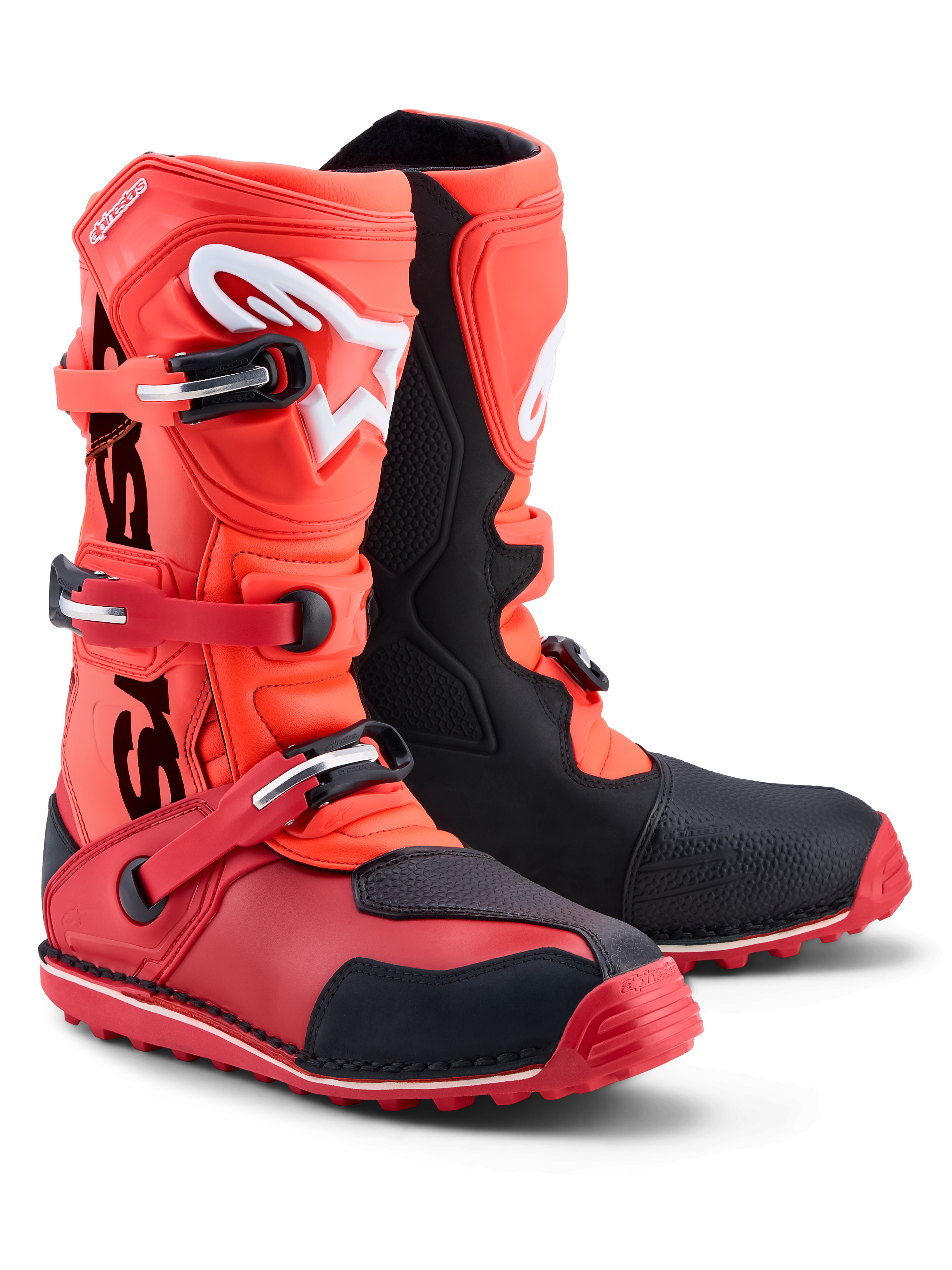Alpinestars Tech-T Boots, Trials Motorcycle Boots in Red Fluo and Black, CE Certified leather and microfiber construction with high-grip trials sole and TPU shinplate protection.