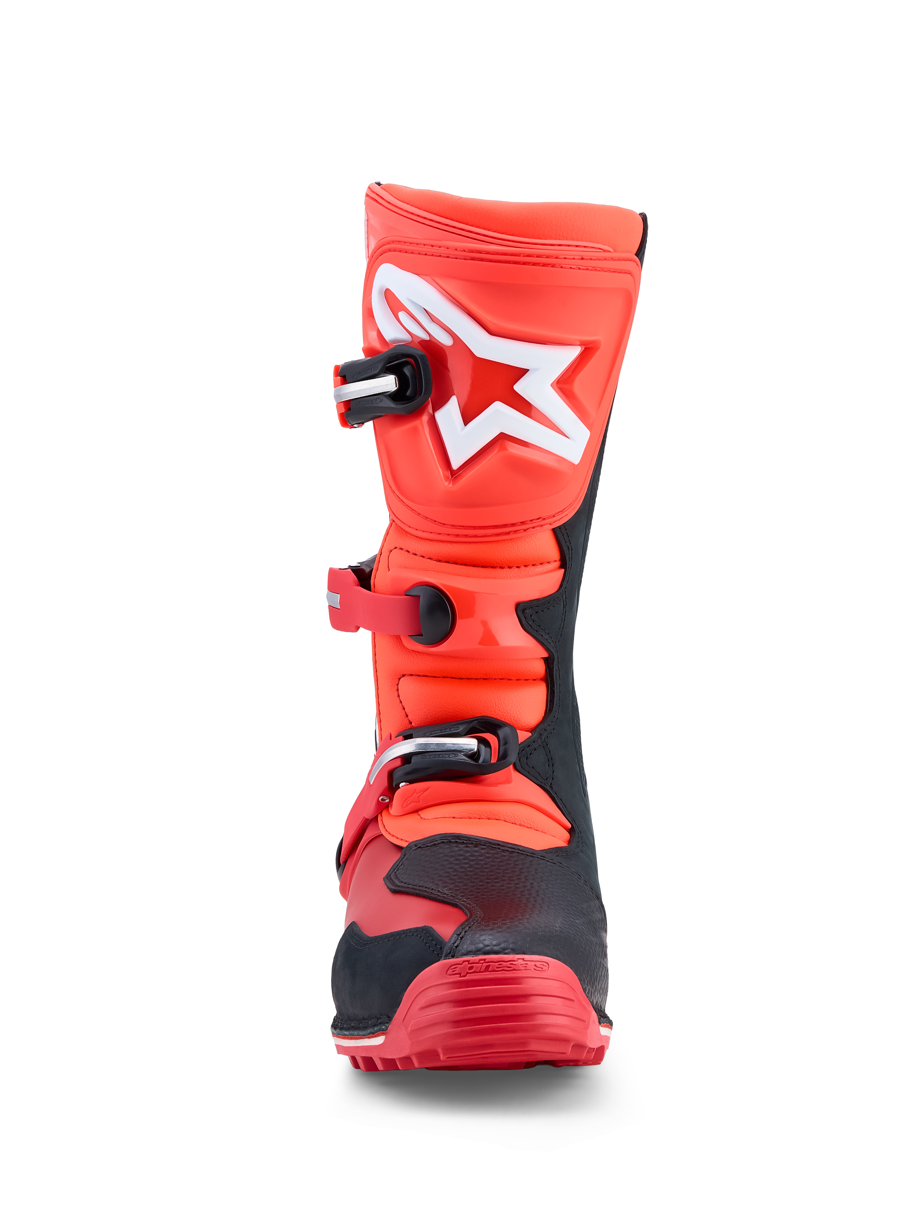 Alpinestars Tech-T Boots, trials riding boots in fluorescent red and black leather with high-impact TPU shin plates.