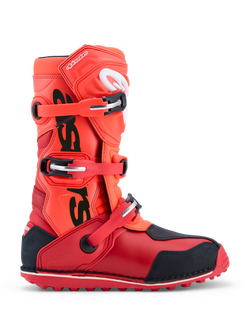 Alpinestars Tech-T trials motorcycle boots in Fluorescent Red and Black, featuring three-buckle closure and TPU protection.