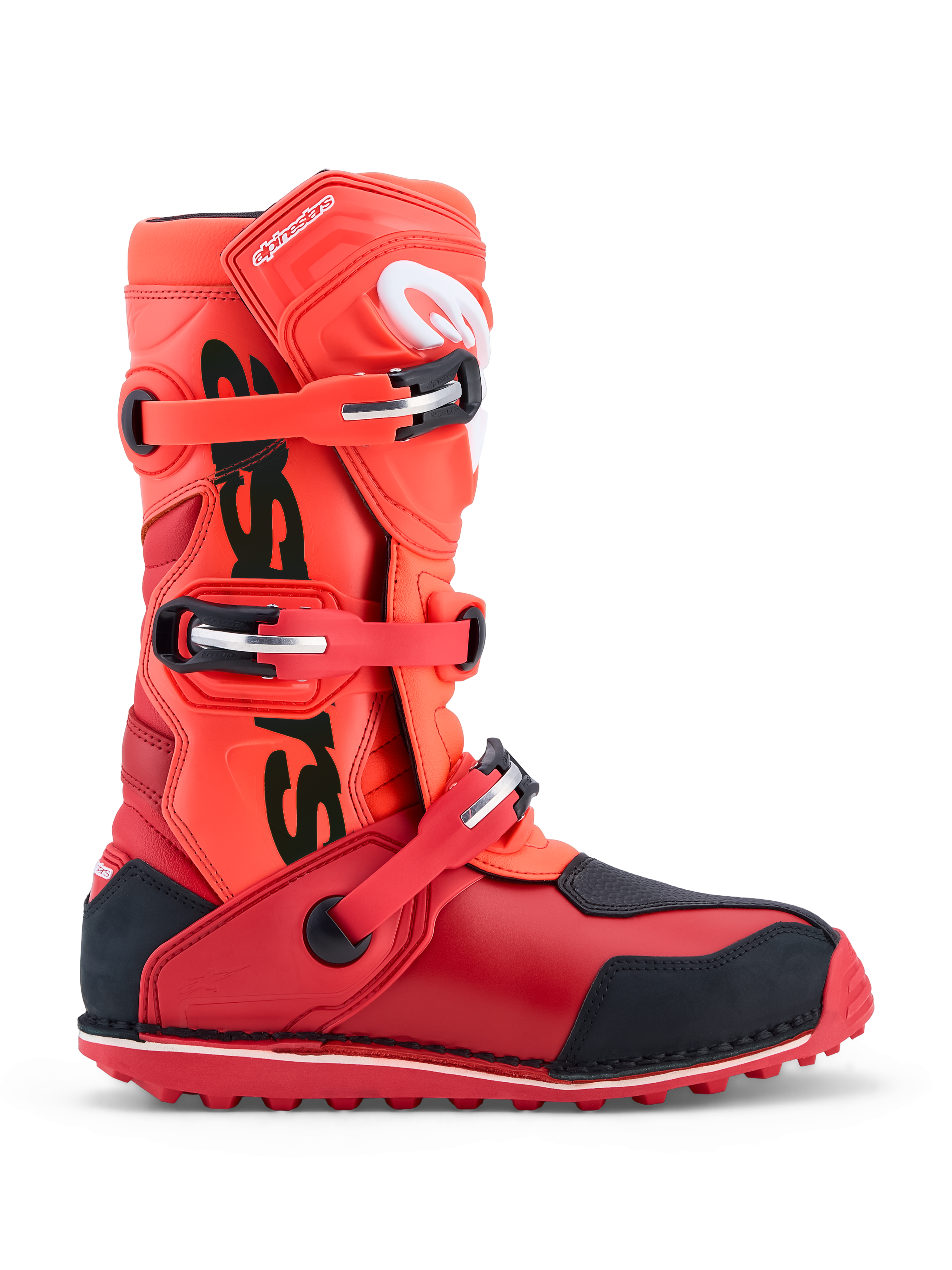 Alpinestars Tech-T trials motorcycle boots in Fluorescent Red and Black, featuring three-buckle closure and TPU protection.