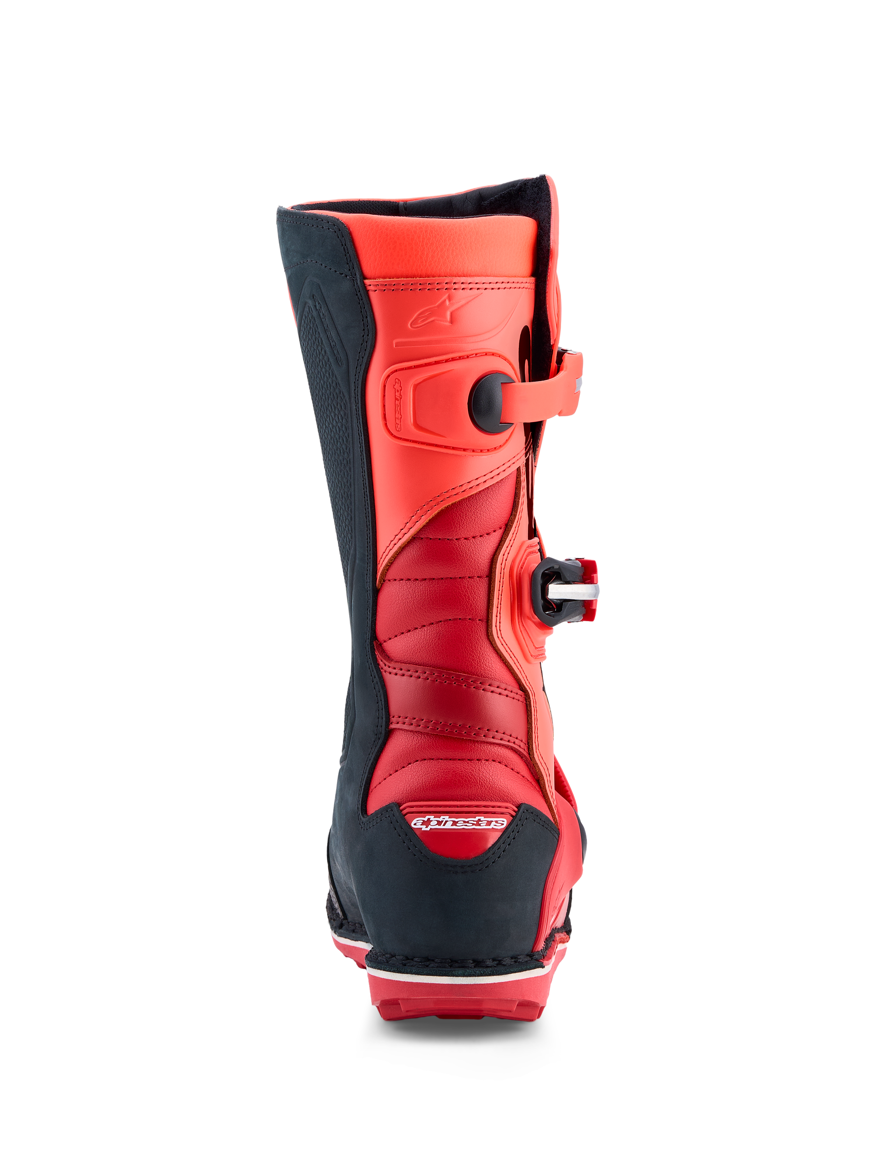 Alpinestars Tech-T Trials Boots in red fluo and black leather, featuring rear accordion flex zones and CE certified TPU.