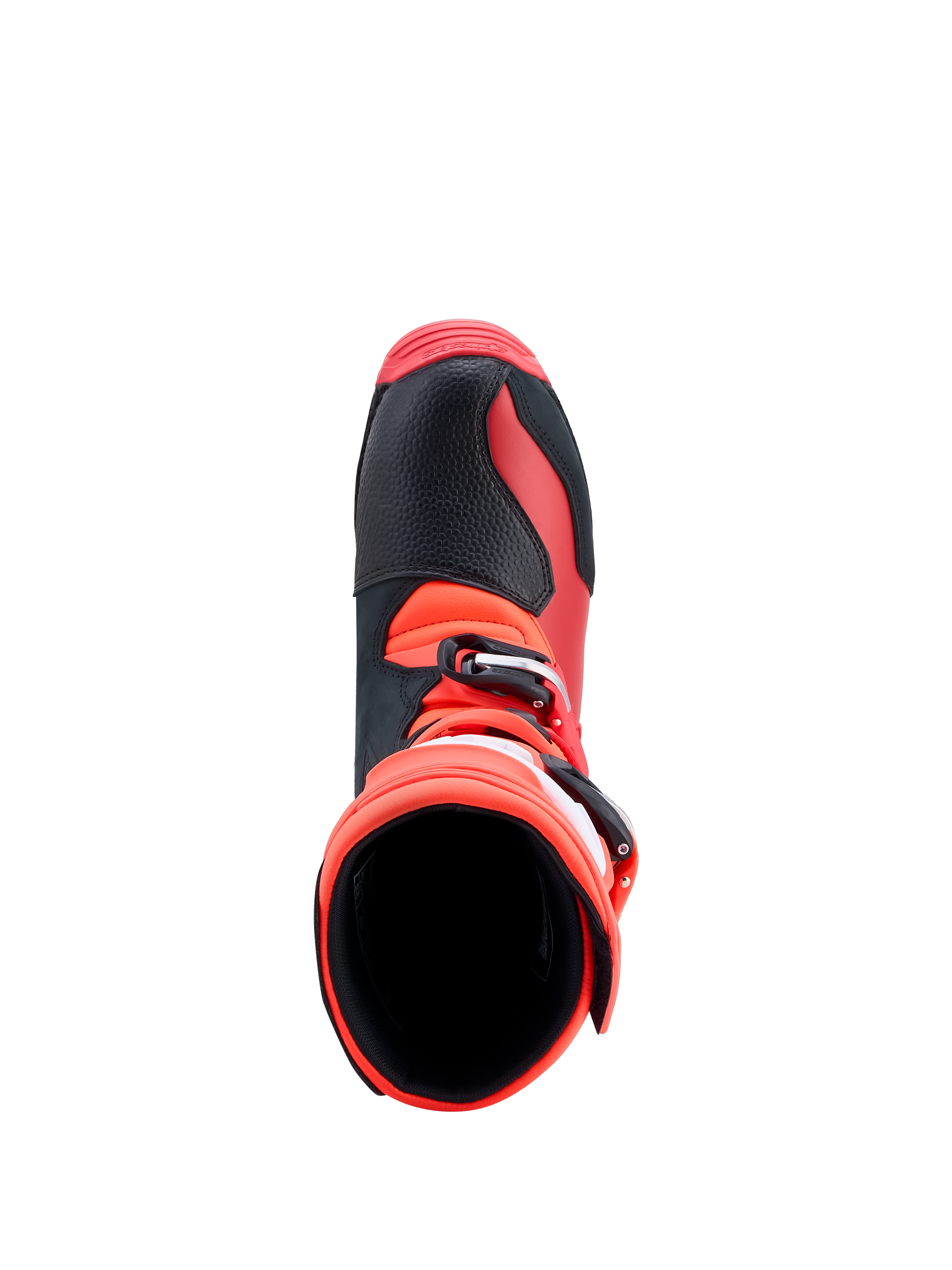 Alpinestars Tech-T Boots, red and black leather trials riding footwear shown from a top-down perspective.