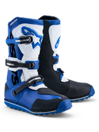 Alpinestars Tech-T Boots, men's trials motorcycle boots in dark blue, black, and white with leather upper and TPU protection.