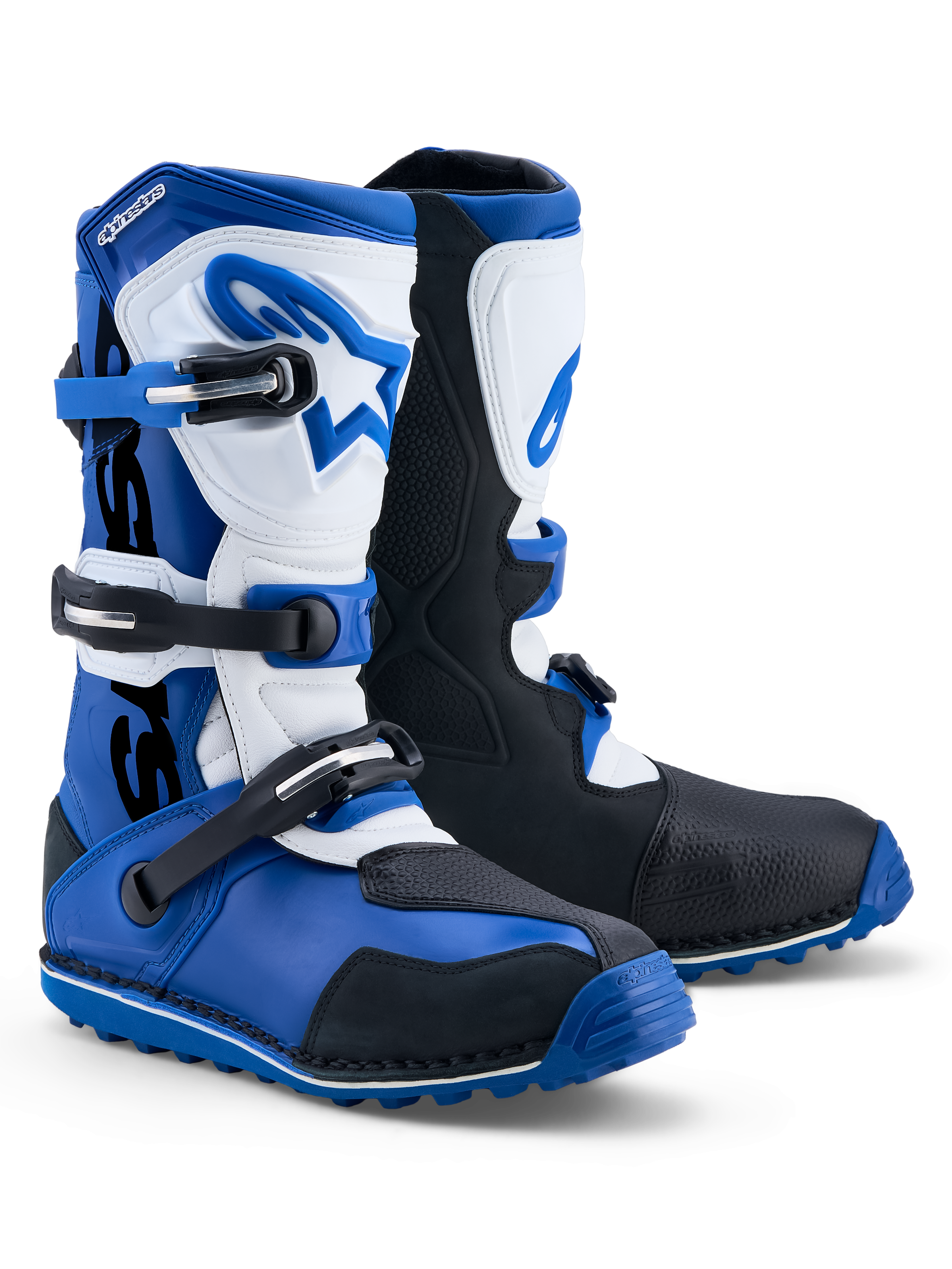 Alpinestars Tech-T Boots, men's trials motorcycle boots in dark blue, black, and white with leather upper and TPU protection.