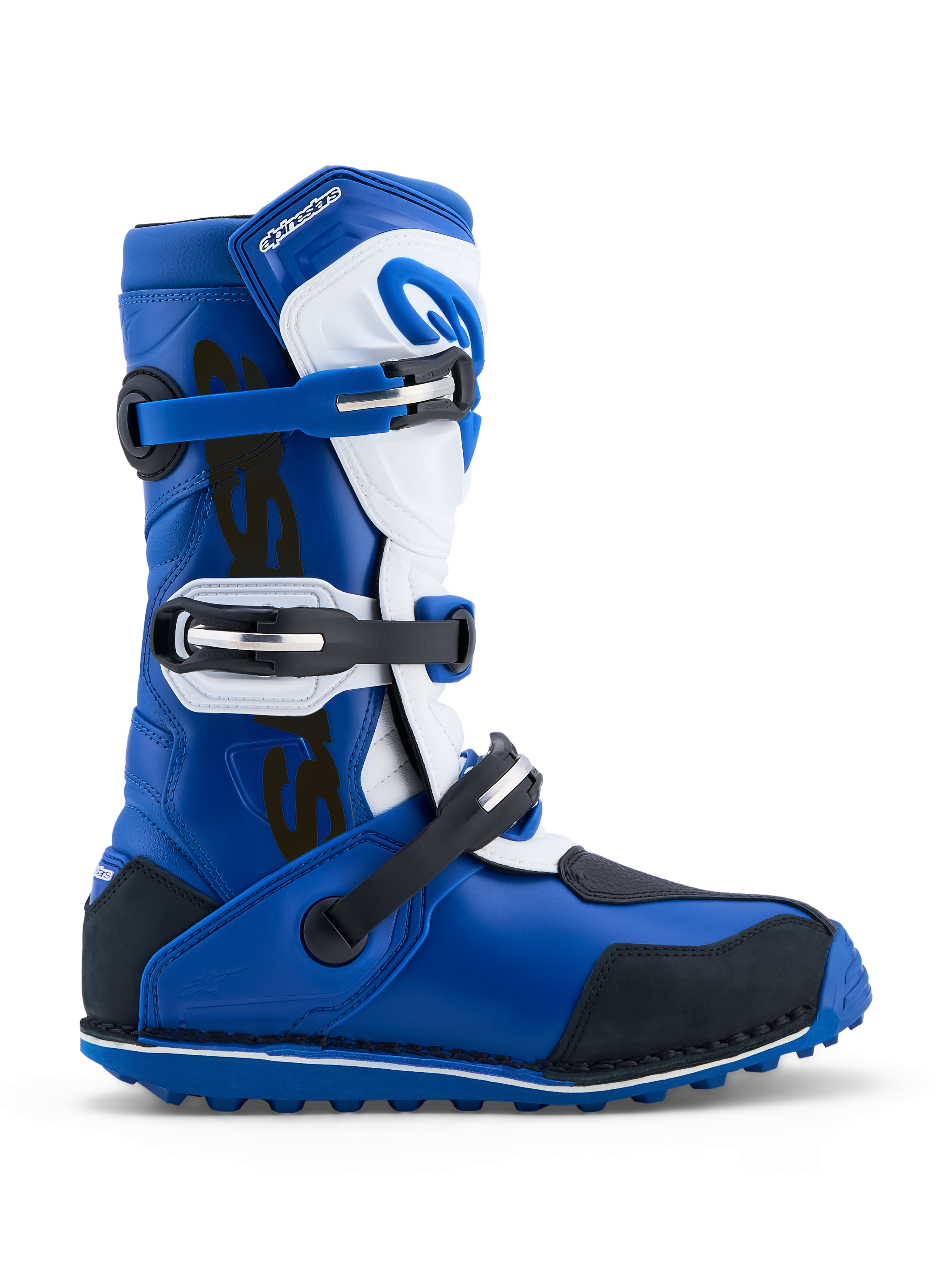 Alpinestars Tech-T Trials Boots, blue and white leather motorcycle boots with a triple buckle system and high-grip rubber sole.