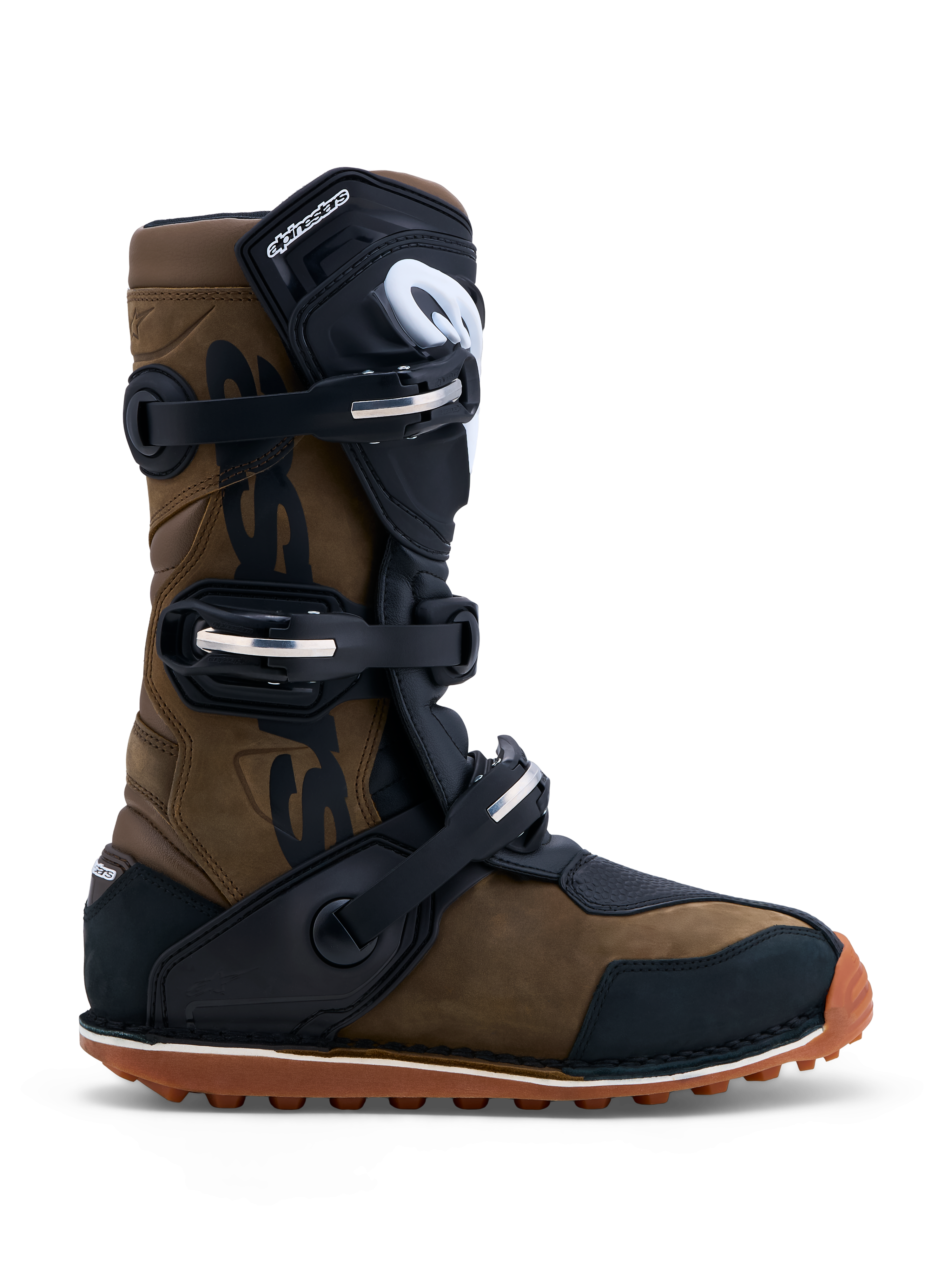 Alpinestars Tech-T Boots, brown and black leather trials motorcycle boots with triple buckle closure and gum sole.