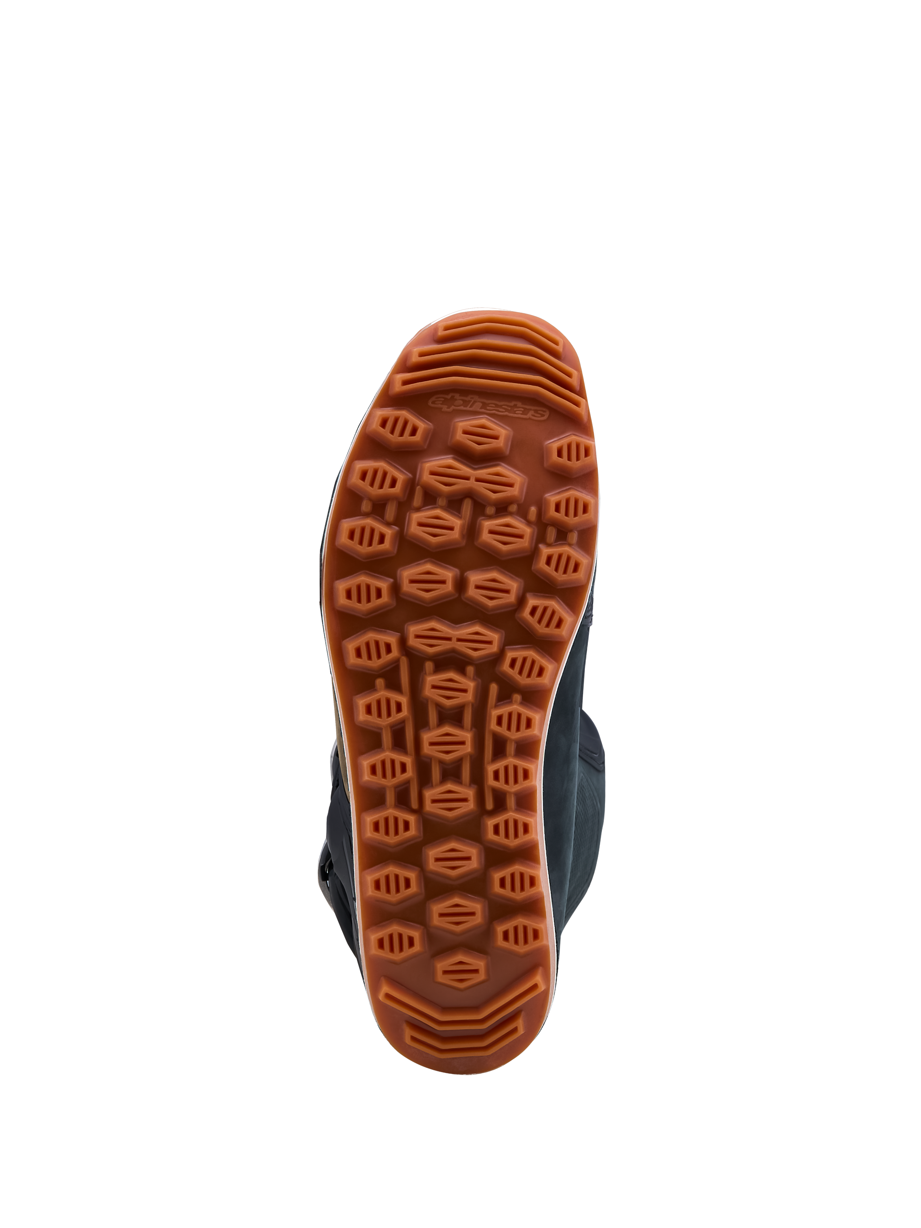 Alpinestars Tech-T Boots, high-grip brown gum rubber sole featuring a rough-terrain tread for trials riding.