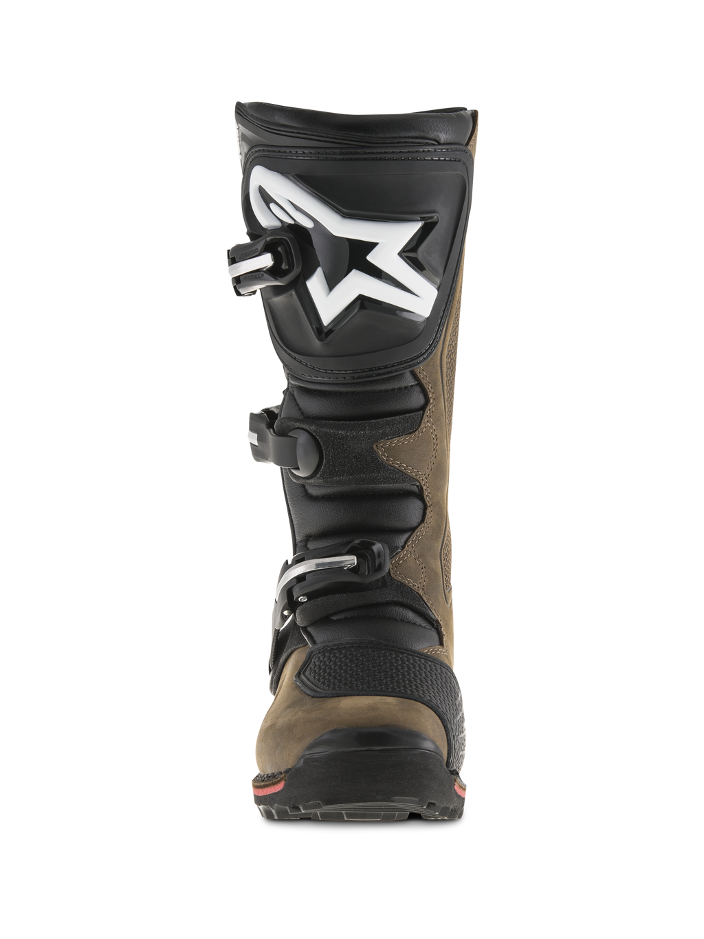 Botas Alpinestars Tech-T, botas de trial para moto, marrón aceitado y negro, vista frontal que muestra la espinillera ergonómica con logotipo grande en blanco, sistema de cierre de tres hebillas y suela especializada para conducción técnica off-road