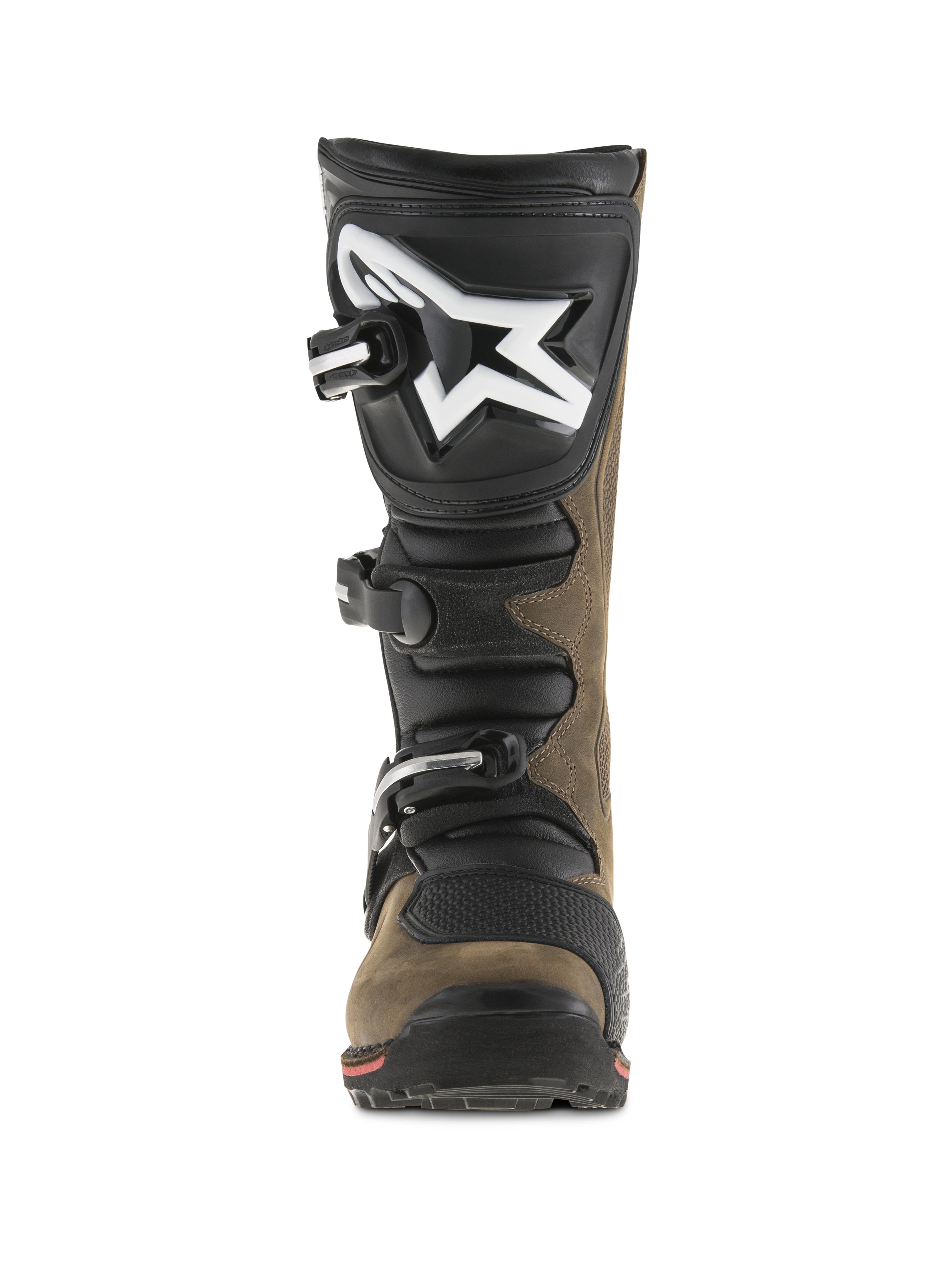 Botas Alpinestars Tech-T, botas de trial para moto, marrón aceitado y negro, vista frontal que muestra la espinillera ergonómica con logotipo grande en blanco, sistema de cierre de tres hebillas y suela especializada para conducción técnica off-road