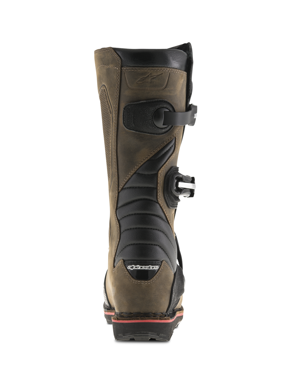 Botas Alpinestars Tech-T, marrón aceitado, vista trasera con zonas de flexión de acordeón negras, hebillas laterales y logotipo de Alpinestars en el talón, botas profesionales de trial con acabado de cuero robusto