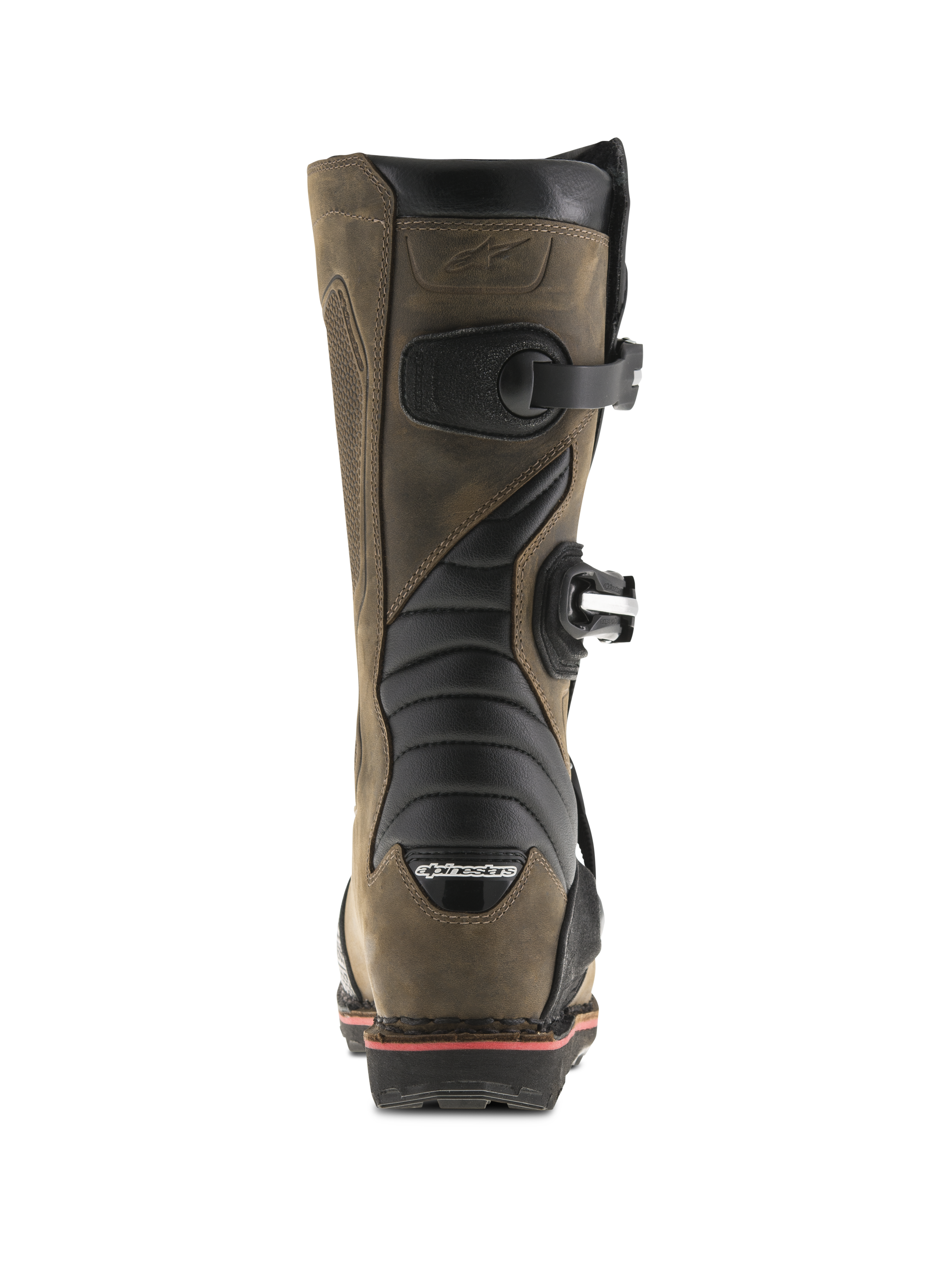 Botas Alpinestars Tech-T, marrón aceitado, vista trasera con zonas de flexión de acordeón negras, hebillas laterales y logotipo de Alpinestars en el talón, botas profesionales de trial con acabado de cuero robusto