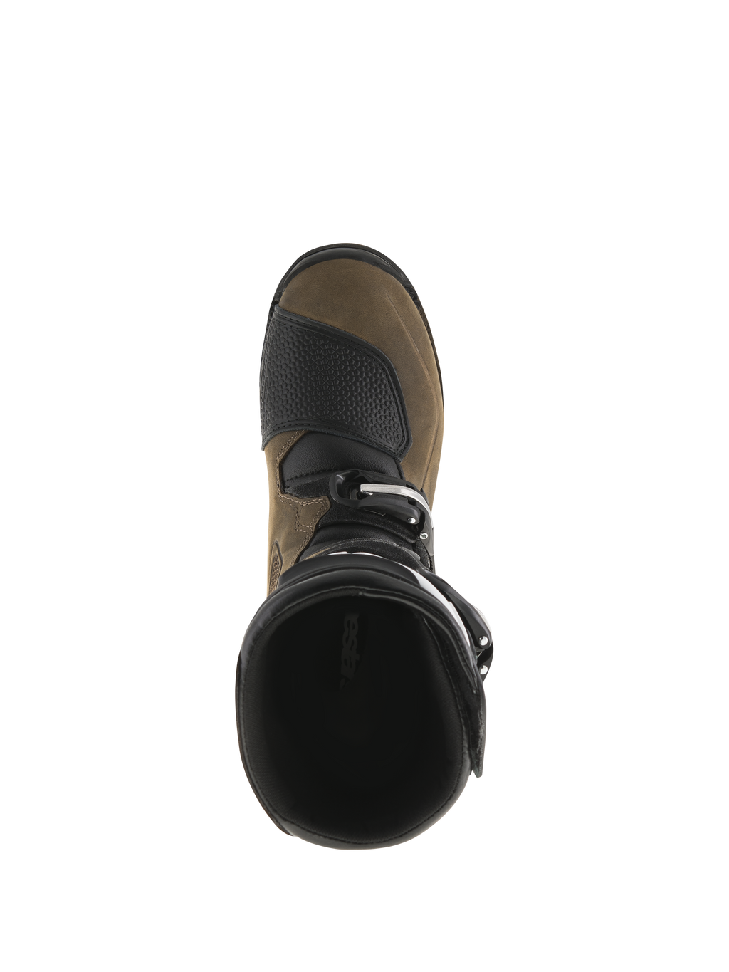 Alpinestars Tech-T Boots, botas de motocross para trial, color marrón aceitado y negro, vista superior que muestra la apertura de la bota y la puntera, paneles protectores texturizados, construcción de cuero resistente para la práctica de trial